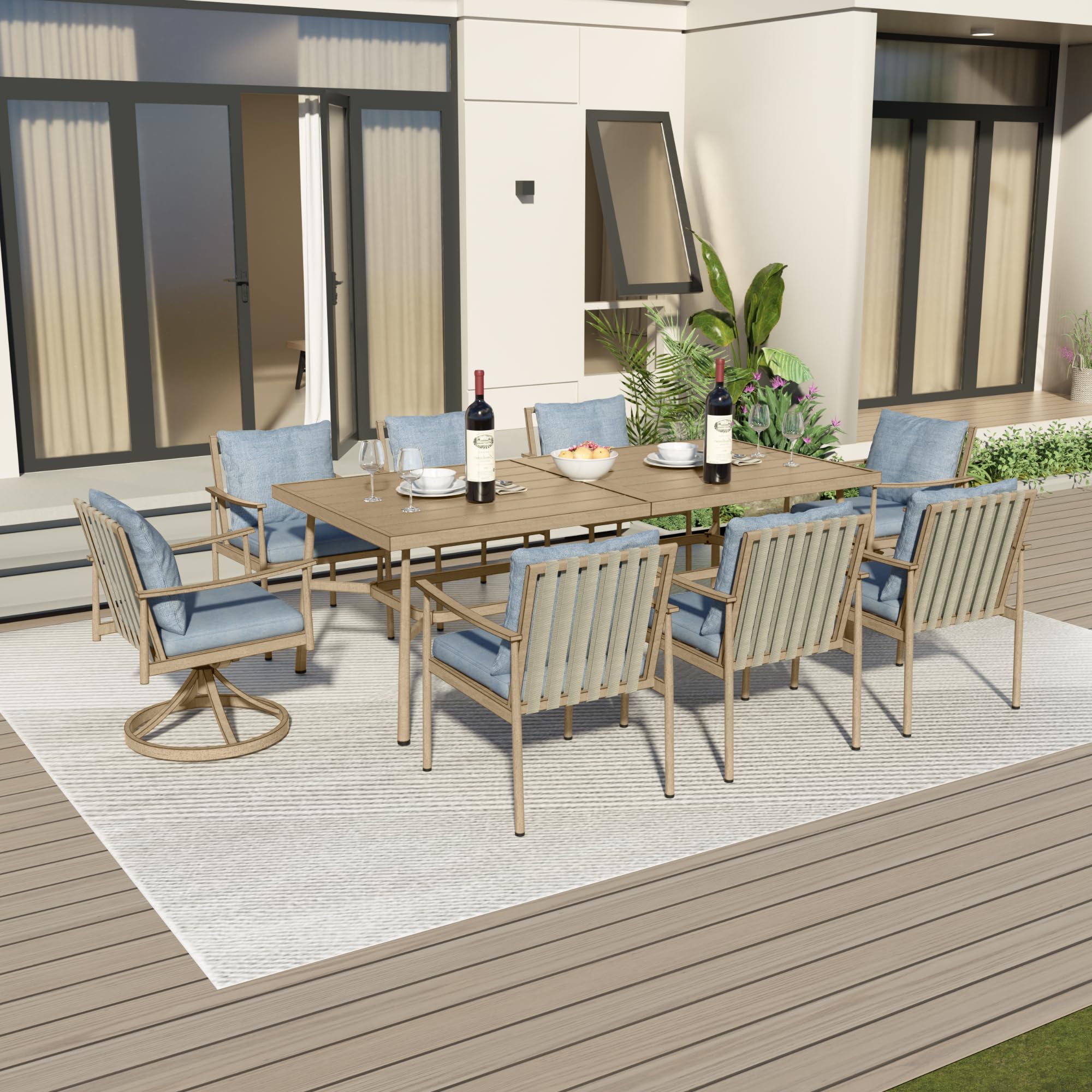 LUXIJOY 9-Piece Outdoor Dining Set for 8, Aluminum Dining Set with Cushions, 6 Dining Chairs and 2 Swivel Chairs with Rope Backrest,Large Rectangular