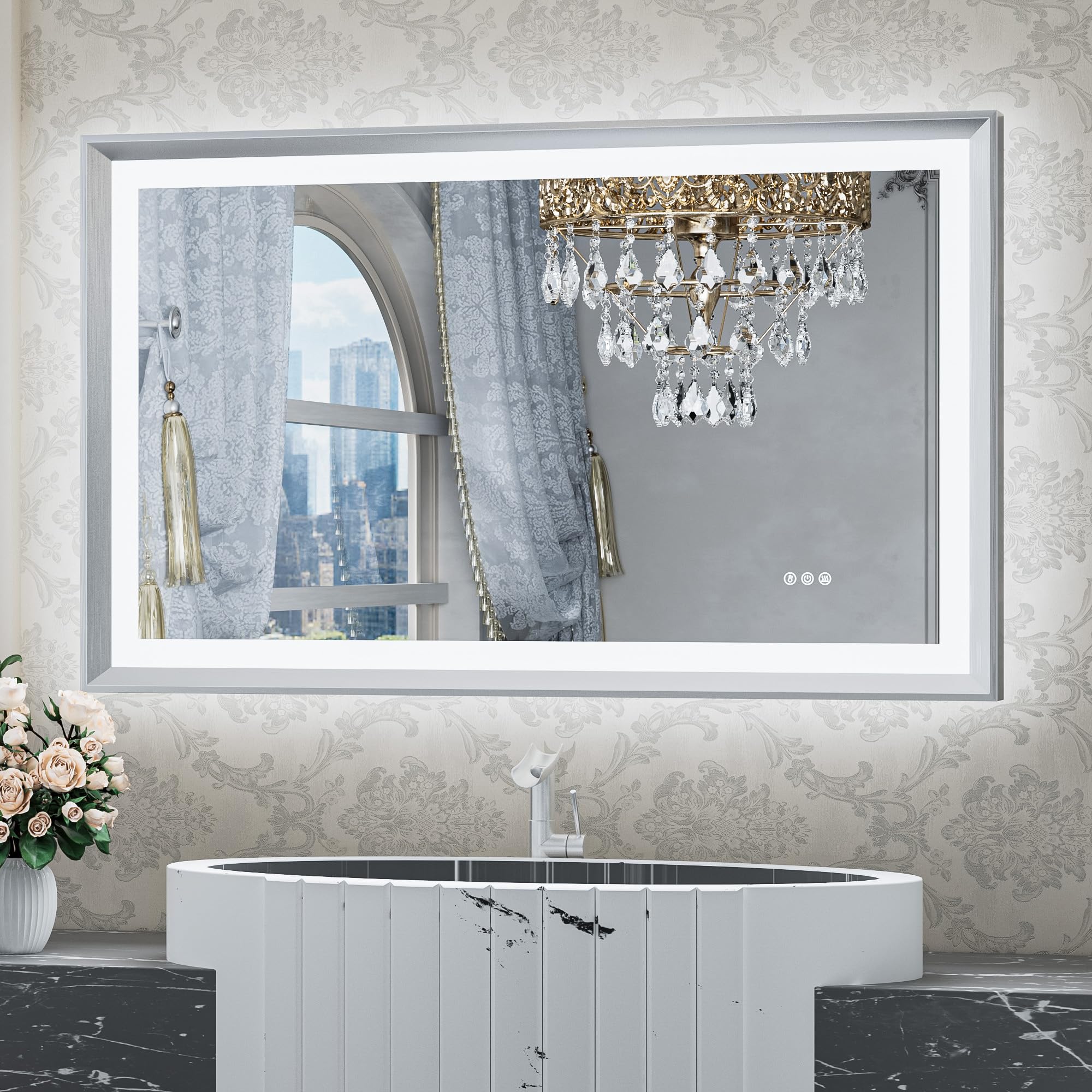 TETOTE LED Bathroom Mirror with Lights Brushed Nickel Metal Framed 40x24 Frontlit & Backlit Silver Vanity Mirror Baroque Antifog Stepless Dimmable White/Warm/Natural,Wall Mounted(Horizontal/Vertical)