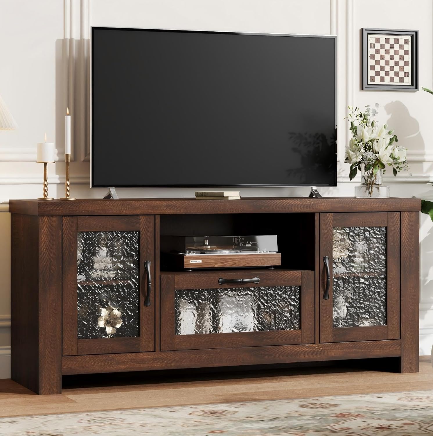 IDEALHOUSE TV Stand for 65 Inch TV, Farmhouse Entertainment Center with Acrylic Door Storage Cabinet & Adjustable Shelves, Rustic TV Console Table for Living Room Bedroom, Brown