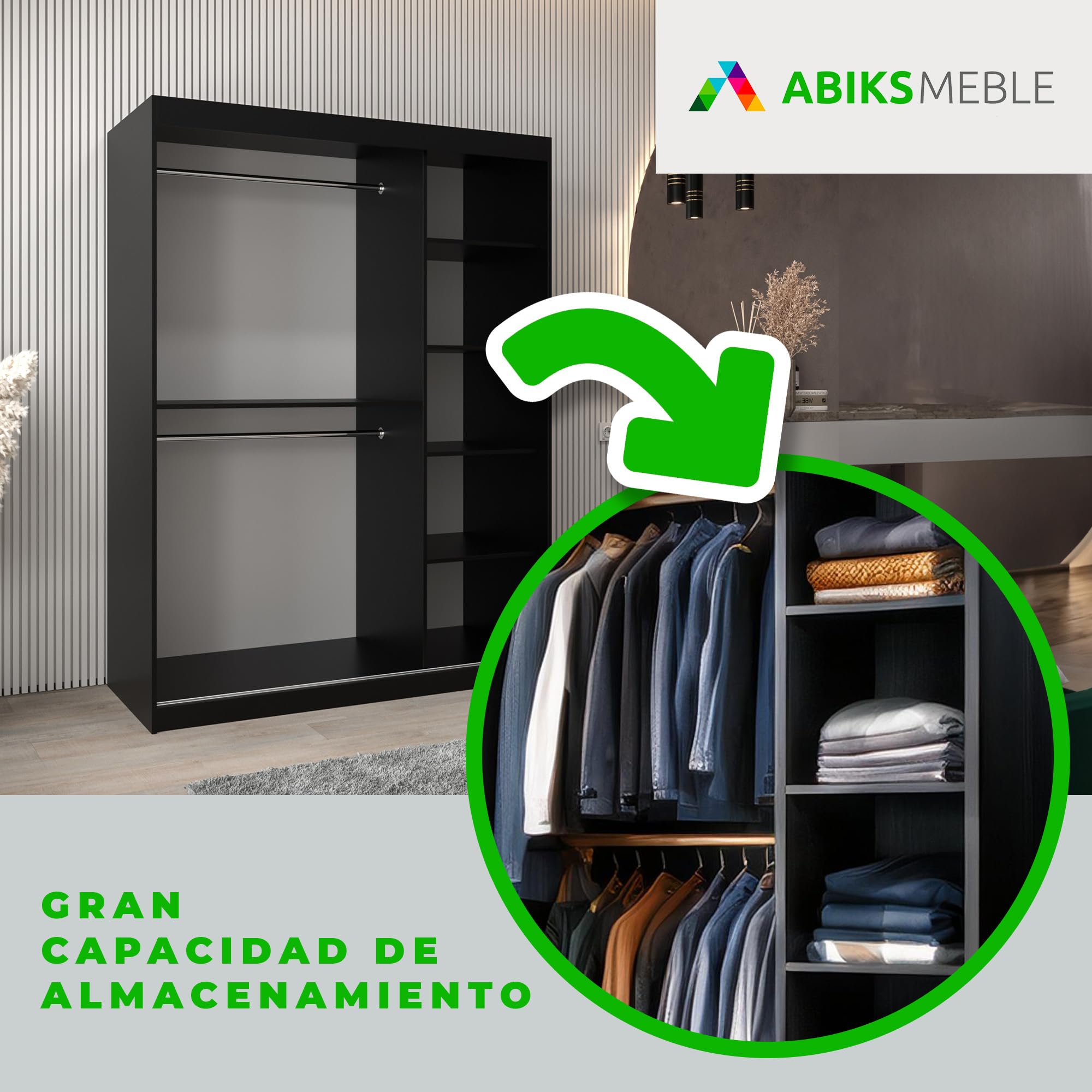 ABIKSMEBLE Monaco 150 Armario 2 Puertas Correderas para Dormitorio - Armario Moderno con Espejo, Barra y Estantes - 150x200x62 cm (Ancho x Alto x Fondo) - Negro Mate