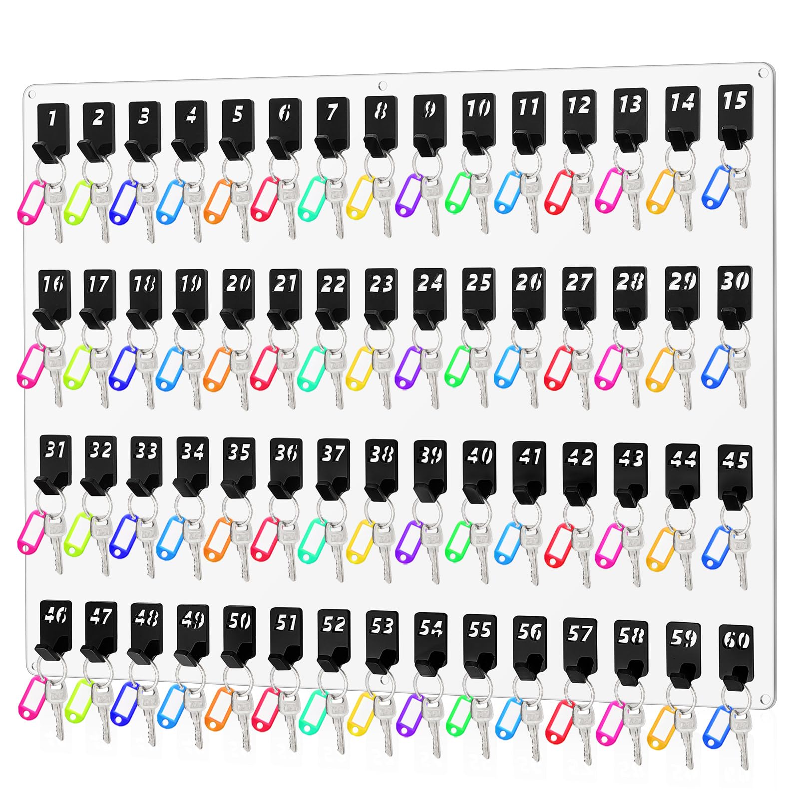 Beeveer Acrylic Key Board with No. Hooks Wall Mount Key Rack Holder Hanger Storage for Real Estate Offices Rentals Car Dealer Valet Parking Small Businesses (60 Hooks)