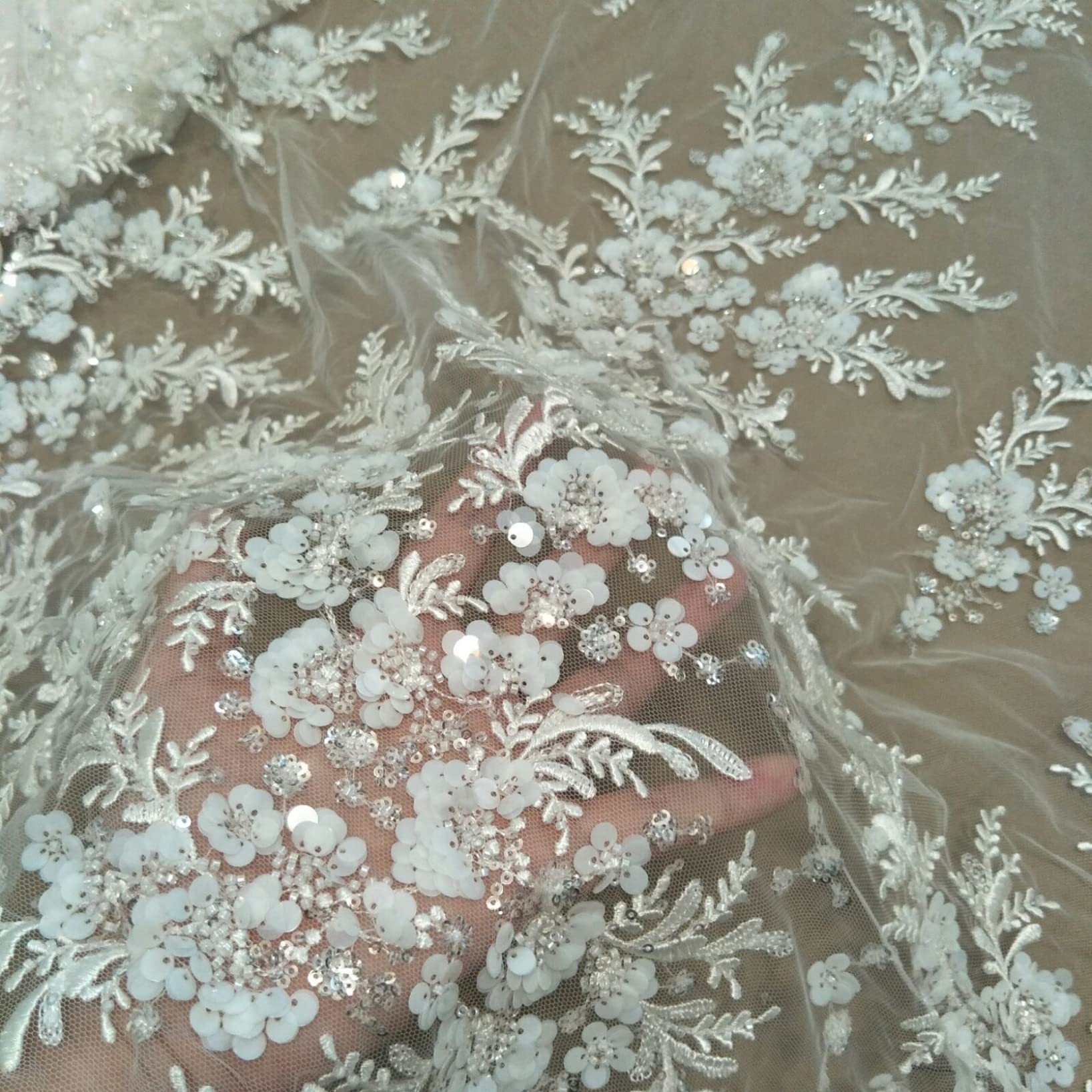 1 Yard Long 130cm Wide Beading and Sequins Embroideries on Mesh Lace Fabric for Bridal Wedding Decor Sewing DIY Making Crafts