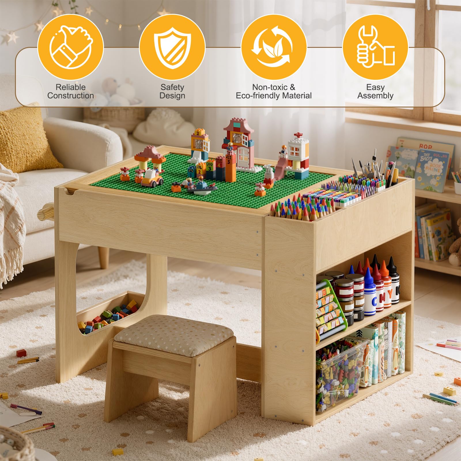 MSFE Spieltisch mit Stauraum,Sensorischer Leuchttisch für Kinder,Dimmbare RGB Beleuchtung,Seitliche Fächer und Papierrollenhalter,Austauschbare Tischplatten für Bausteine,Pausen/Abpausen und Malen