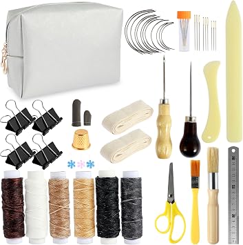 ZJMCAJY Book Binding Kit, 49 Pcs Hand Bookmaking Set with Bone Folders, Waxed Thread, Curved Needles, Awl, Brushes, Binding Ribbon, Scissors, Ruler for DIY Bookbinding, Ideal for Beginners