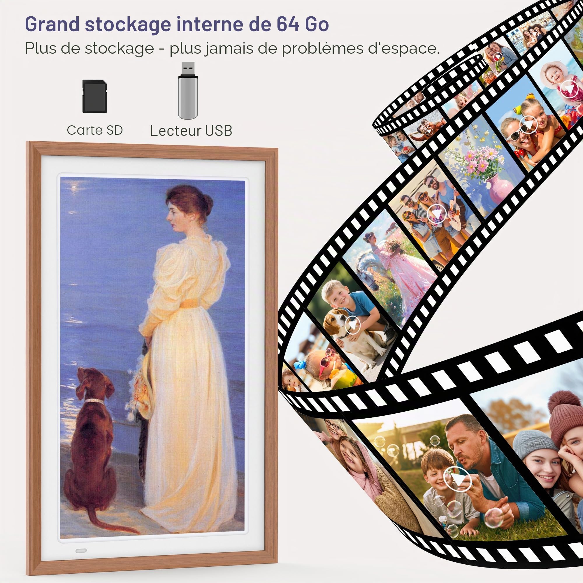 Cadre photo numérique 64 Go 21,5" avec cadre intérieur blanc - FHD 1920 x 1080P IPS - Rotation automatique - Partagez des photos/vidéos instantanément