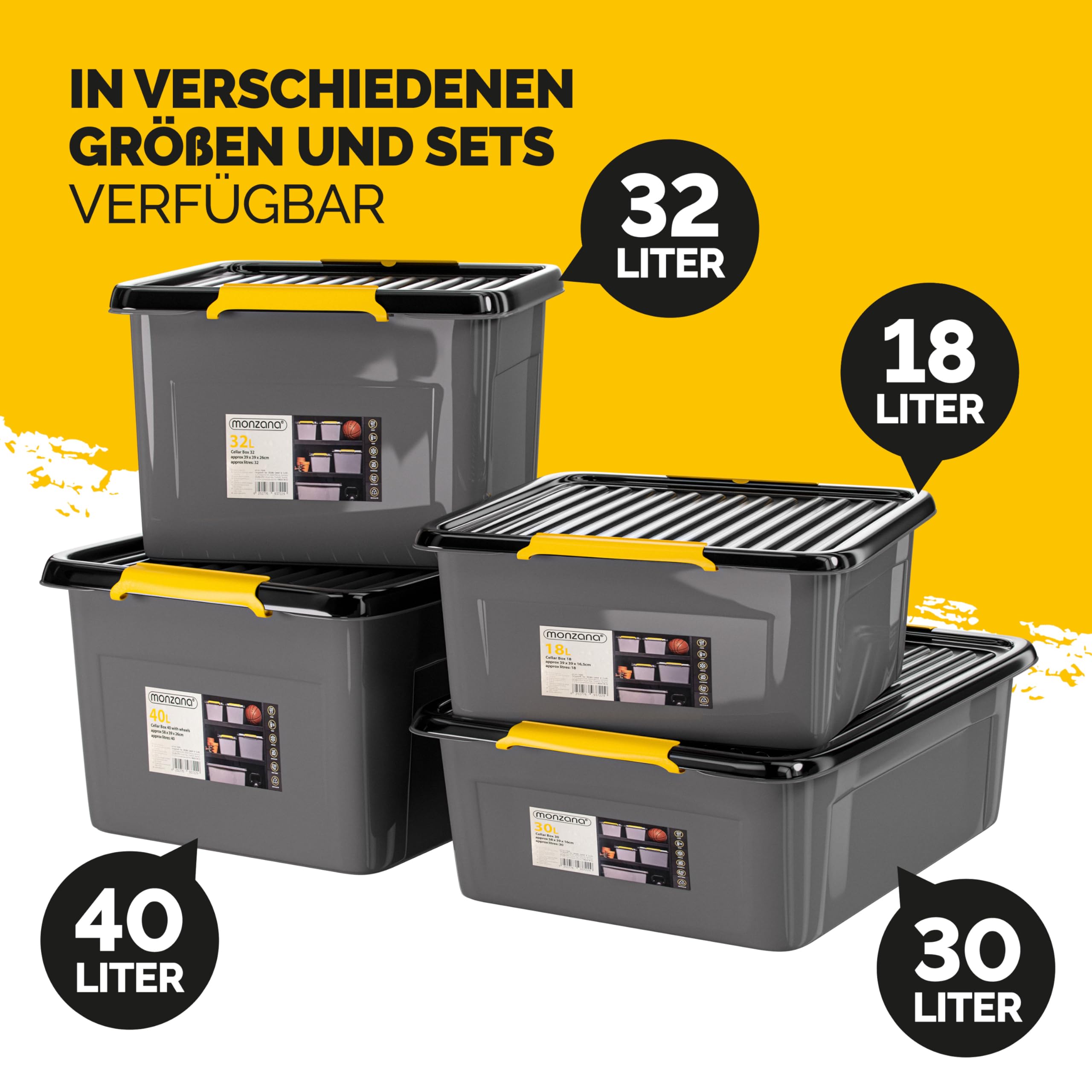 Monzana® 6x Aufbewahrungsbox 40L mit Deckel 40kg belastbar Kunststoff BPA frei Klickverschluss stabil flexibel stapelbar blickdicht Keller Garage Box