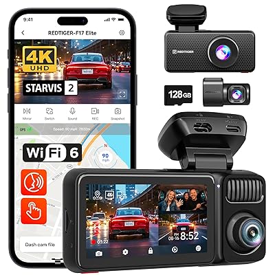 REDTIGER F17 Elite 4K 3 Channel Dash Cam, STARVIS 2 IMX678 & IMX675, 128GB Card, Full Night Color, 4K+2.5K+1080P Front and Rear Inside, Touch Screen, Voice Control, 5GHz WiFi 6, GPS, HDR, Parking Mode