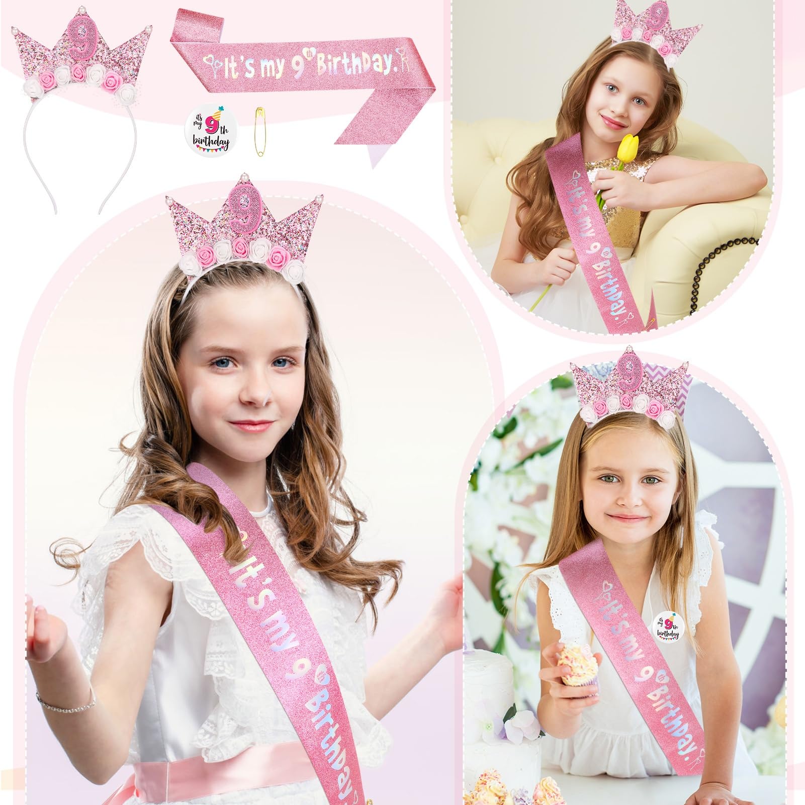 GSrenyu 9th Birthday Decorations for Girls,Headband Glitter Sash and Badge Set for 9 Year Old Girls Birthday Decorations,Flower Princess Crown Headband - Image 6