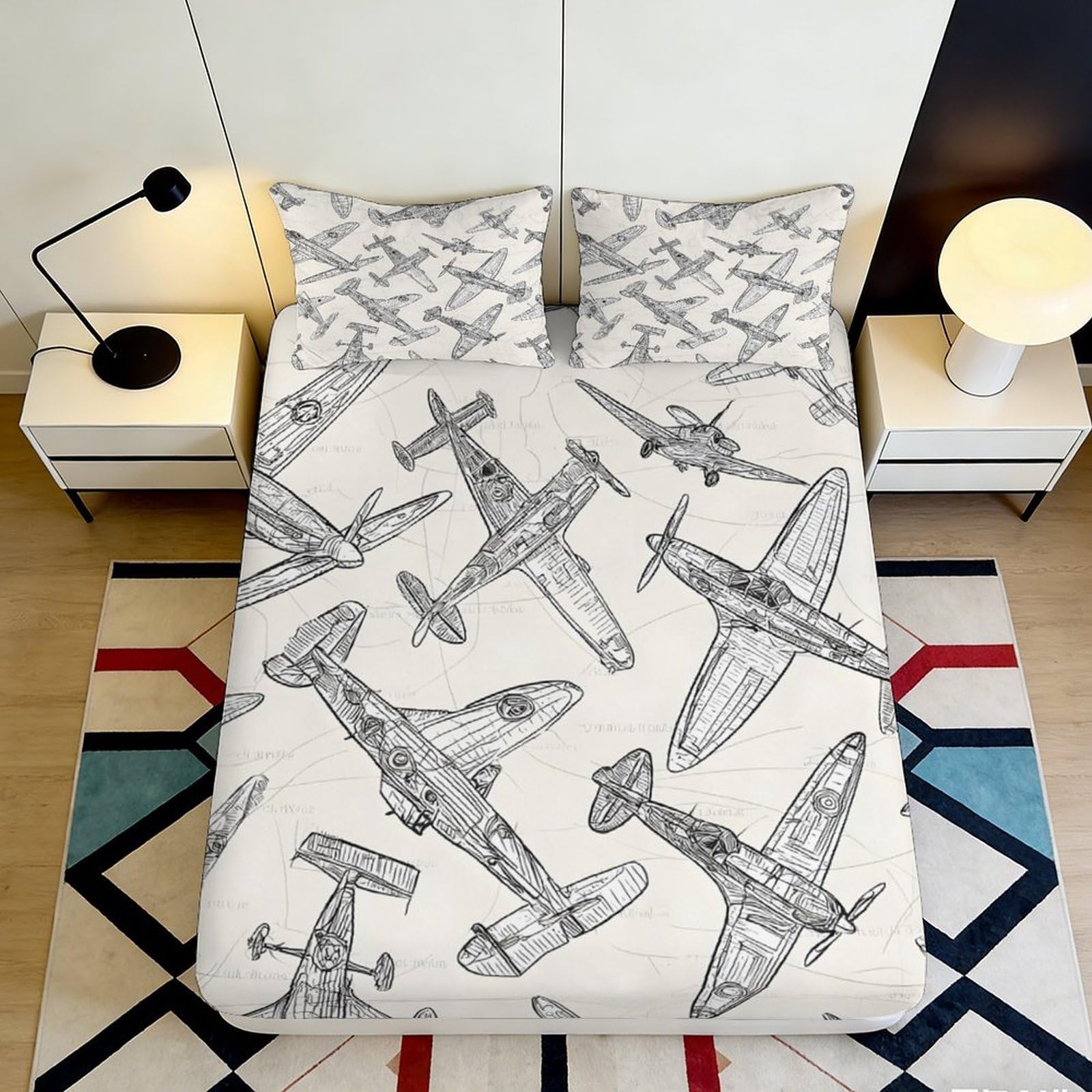 3D Printed Vintage Airplane Fitted Sheet Microfiber Soft Breathable Aircraft Bed Cover for Bedroom Guest Room Decor 90x200x25cm