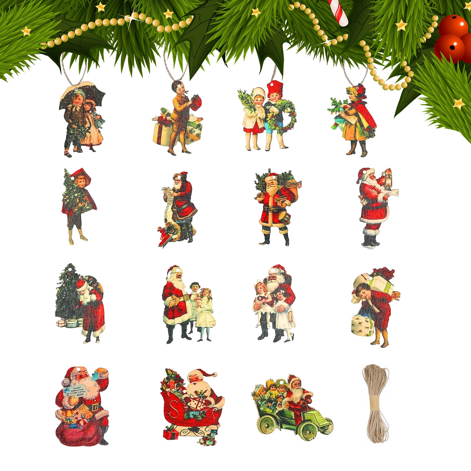 HO2NLE 45 piezas de decoración de árbol de Navidad, estilo victoriano, adornos de Navidad de madera, vintage, Papá Noel, colgante de madera para niños, para ventanas del hogar, puertas, decoración de