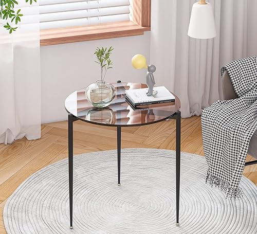 Miniatura 4 de Mesa auxiliar moderna redonda con patas de metal con tapa de vidrio templado, 19.8 pulgadas, color marrón Marrón,Gris