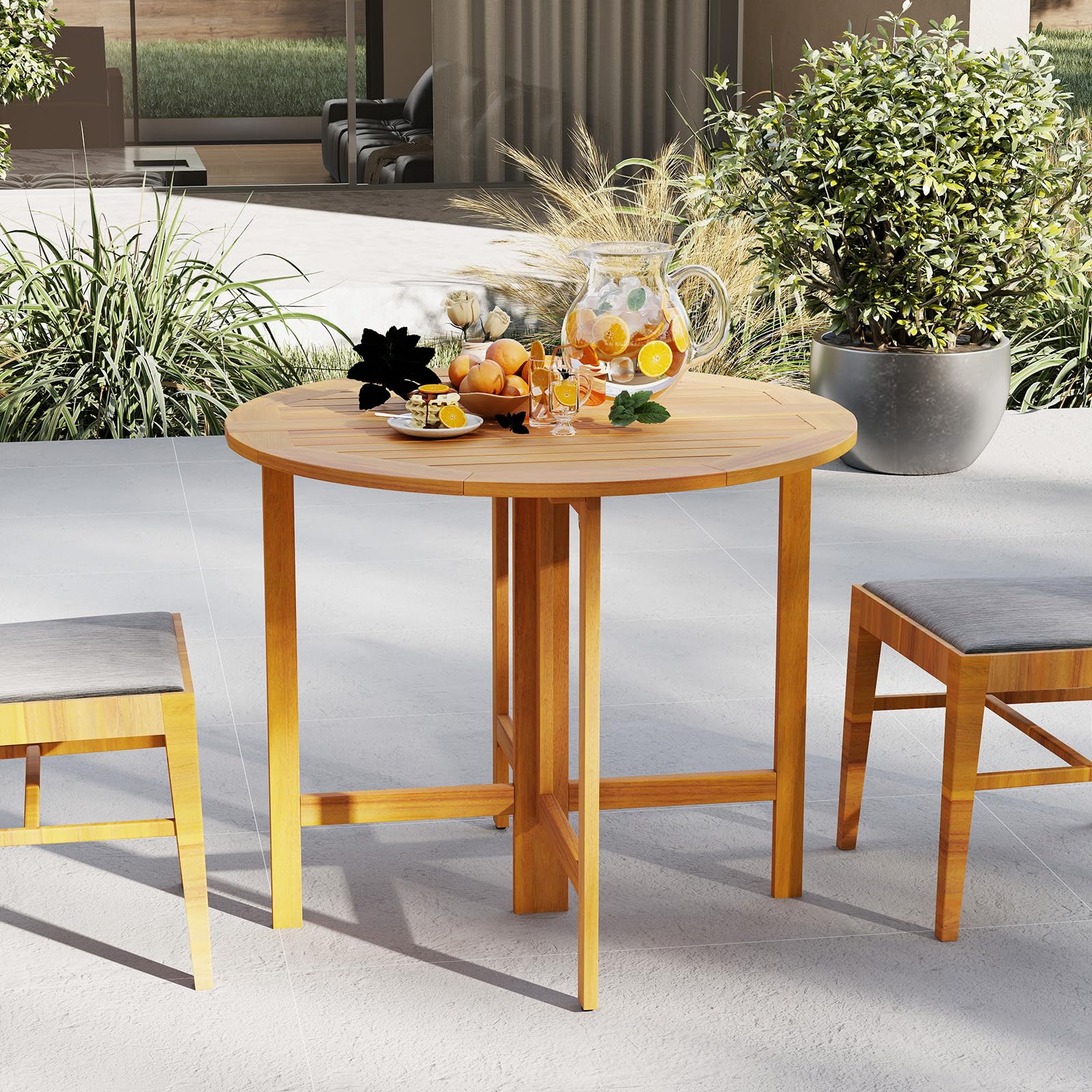 COSTWAY Mesa Plegable Jardín de Madera Acacia, 90 x 75 cm, Mesa Redonda de Comedor, Tablero de Listones, Jardín Porche Terraza Balcón Exterior Interior, Sin Montaje