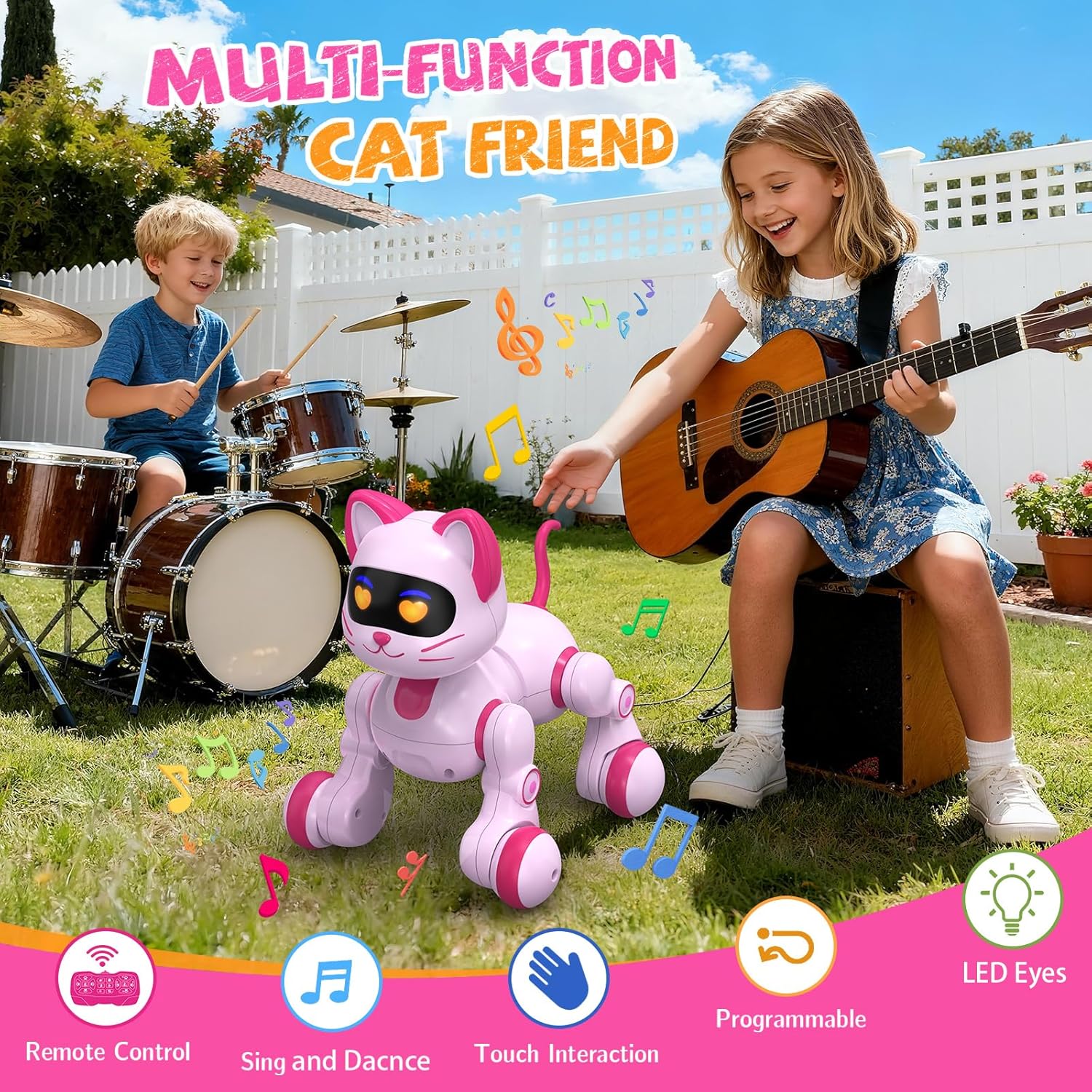 Robot Cat Toy for Kids, Interactive Robot Kitty with Touch Sensing, Remote Control Cat Robot Singing, Dancing, Walking, Sliding, Programmable Smart Pink Robotic Cat Pet for Girls
