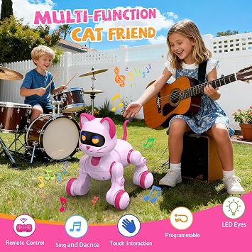 Robot Cat Toy for Kids, Interactive Robot Kitty with Touch Sensing, Remote Control Cat Robot Singing, Dancing, Walking, Sliding, Programmable Smart Pink Robotic Cat Pet for Girls