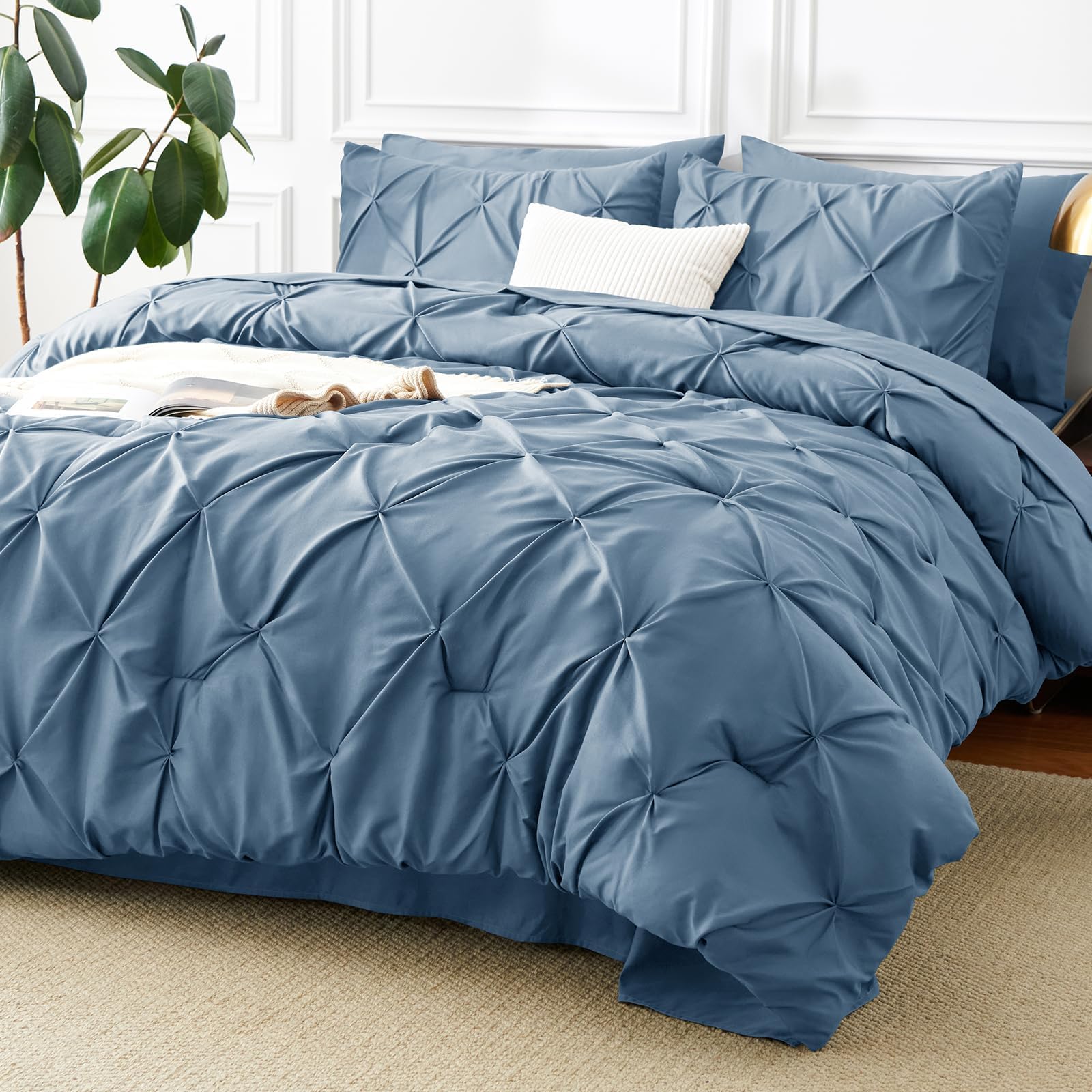 CozyLux King Size Comforter Set Grayish Blue, 7 Pieces Pintuck Bed in A Bag, All Season Bed Set Gift for Family, Pinch Pleat Bedding Set with Comforter, Sheets, Pillowcases & Shams