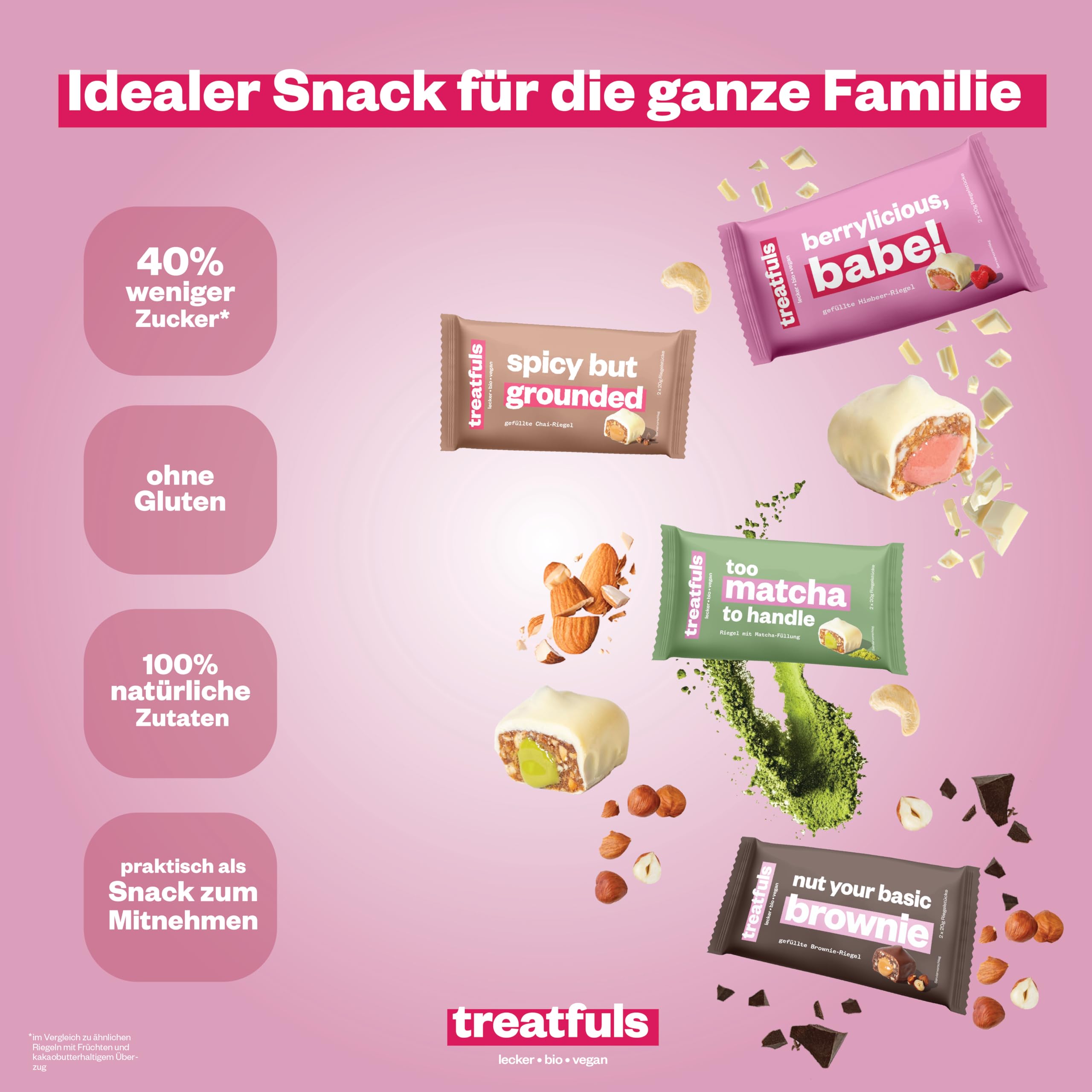 Vegane Schokoriegel mit Füllung Matcha Chai Latte Brownie Himbeere-Macadamia