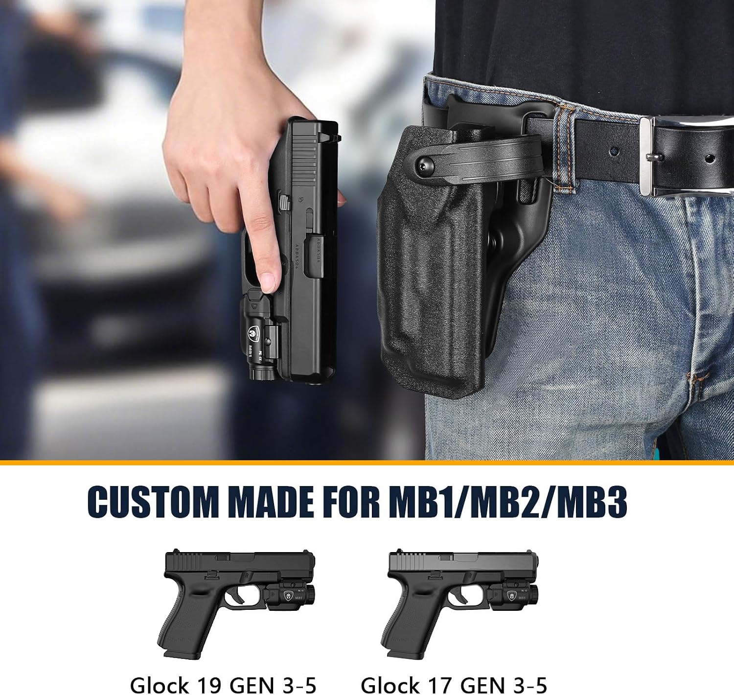 OWB Kydex Holster with Thumb Release, Fits Glock 17/19 Gen 3-5 with WARRIORLAND MB1/MB2/MB3 Tactical Light Mounted, Outside Waistband Carry, Fits 1.5"/1.75" Belt, Right Hand