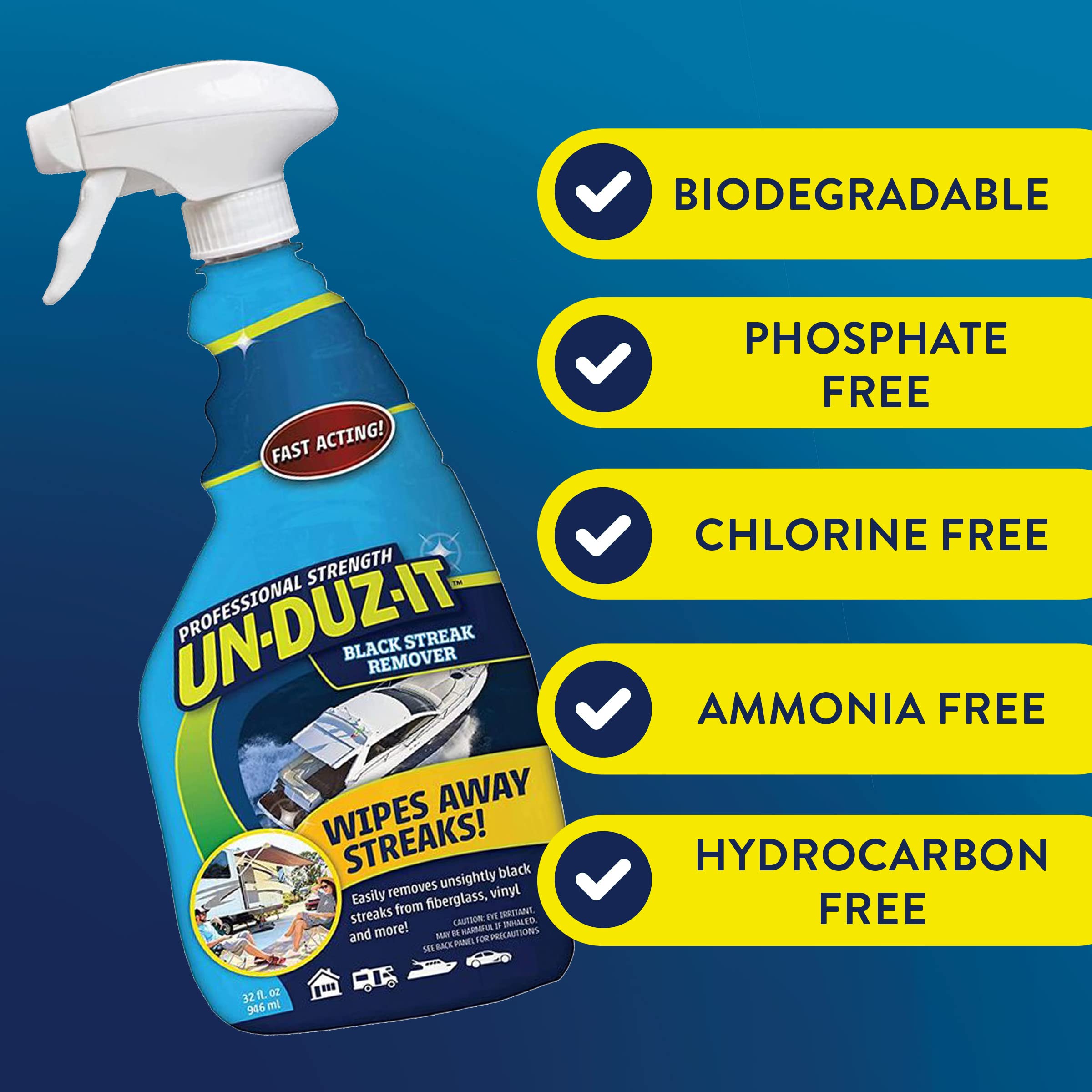 Un-Duz-It Black Streak Remover, Stain Remover for Boats and RVs, 32 Fl Oz Spray Bottle