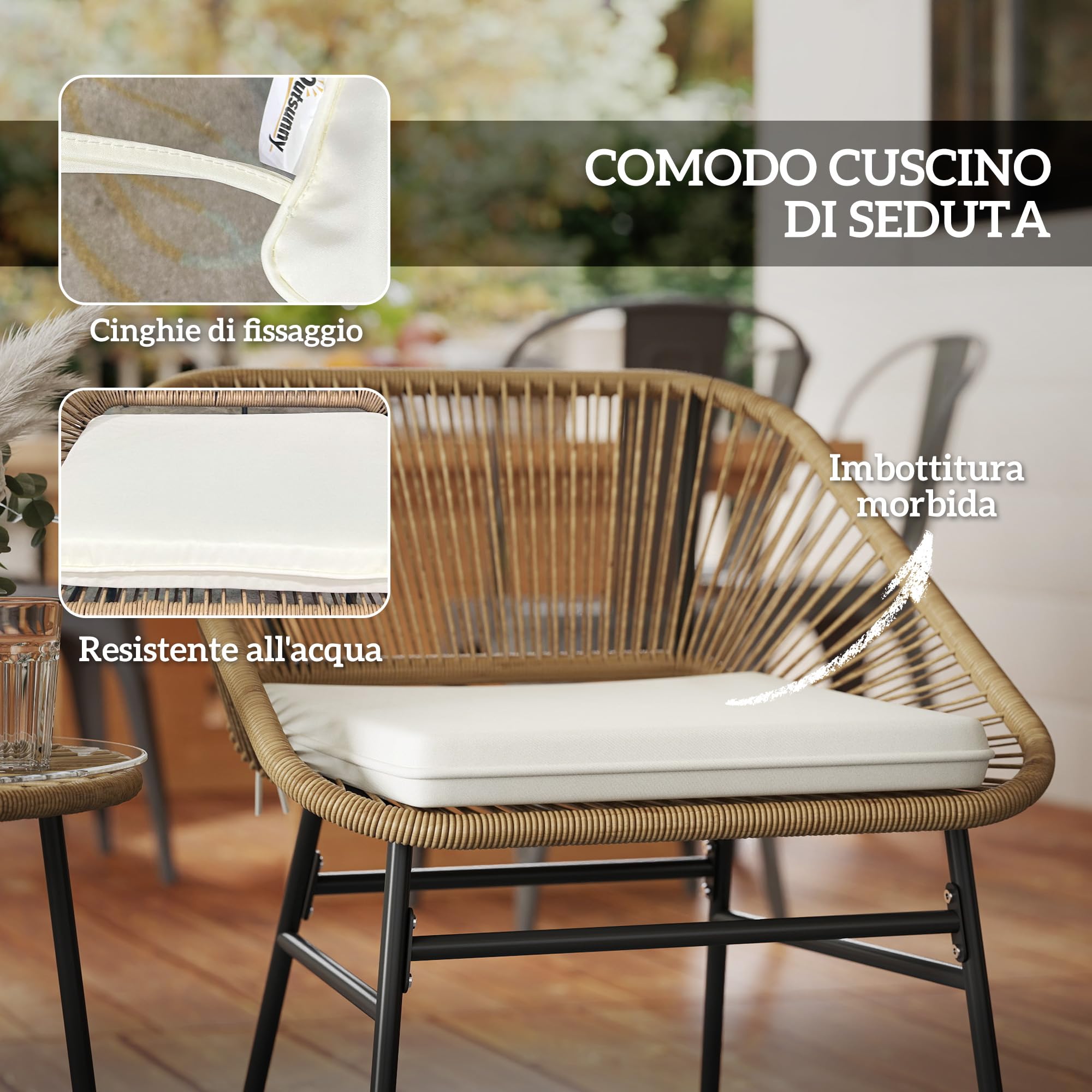 Outsunny Set da Giardino 3 Pezzi in Rattan PE e Acciaio, Set 2 Sedie con Cuscini e Tavolino da Caffè a Cilindro con Piano in Vetro, Set di Mobili da Balcone, per Patio e Cortile, Color Legno