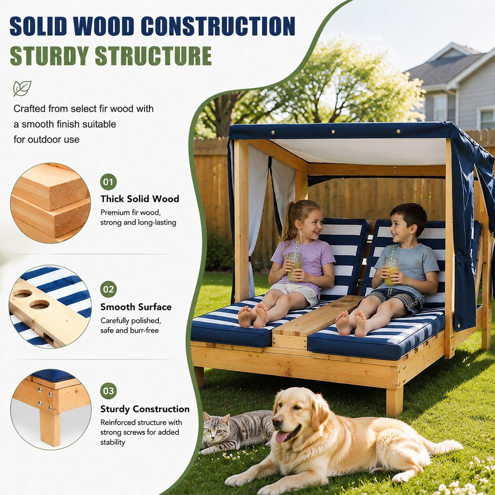 Sdraio Doppia per Bambini con Cuscino & Parasole Integrato | Lettino Da Giardino Per Bambini in Legno, Sdraio per Spiaggia & Balcone & Bordo Piscina(Blue)