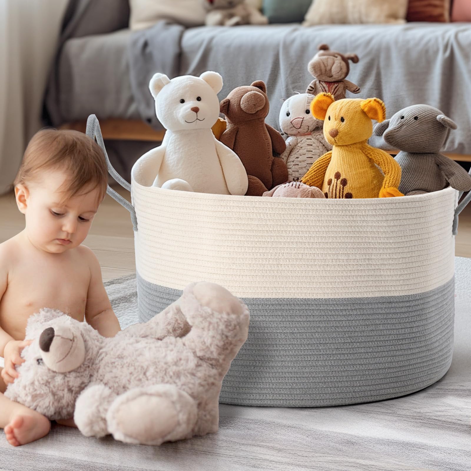 noonkty Cesto extra large, 55 cm di profondità x 35 cm di altezza, cesto in corda di cotone con manici, contenitore XXL per coperte per soggiorno, cestino decorativo per giocattoli, cesti per la