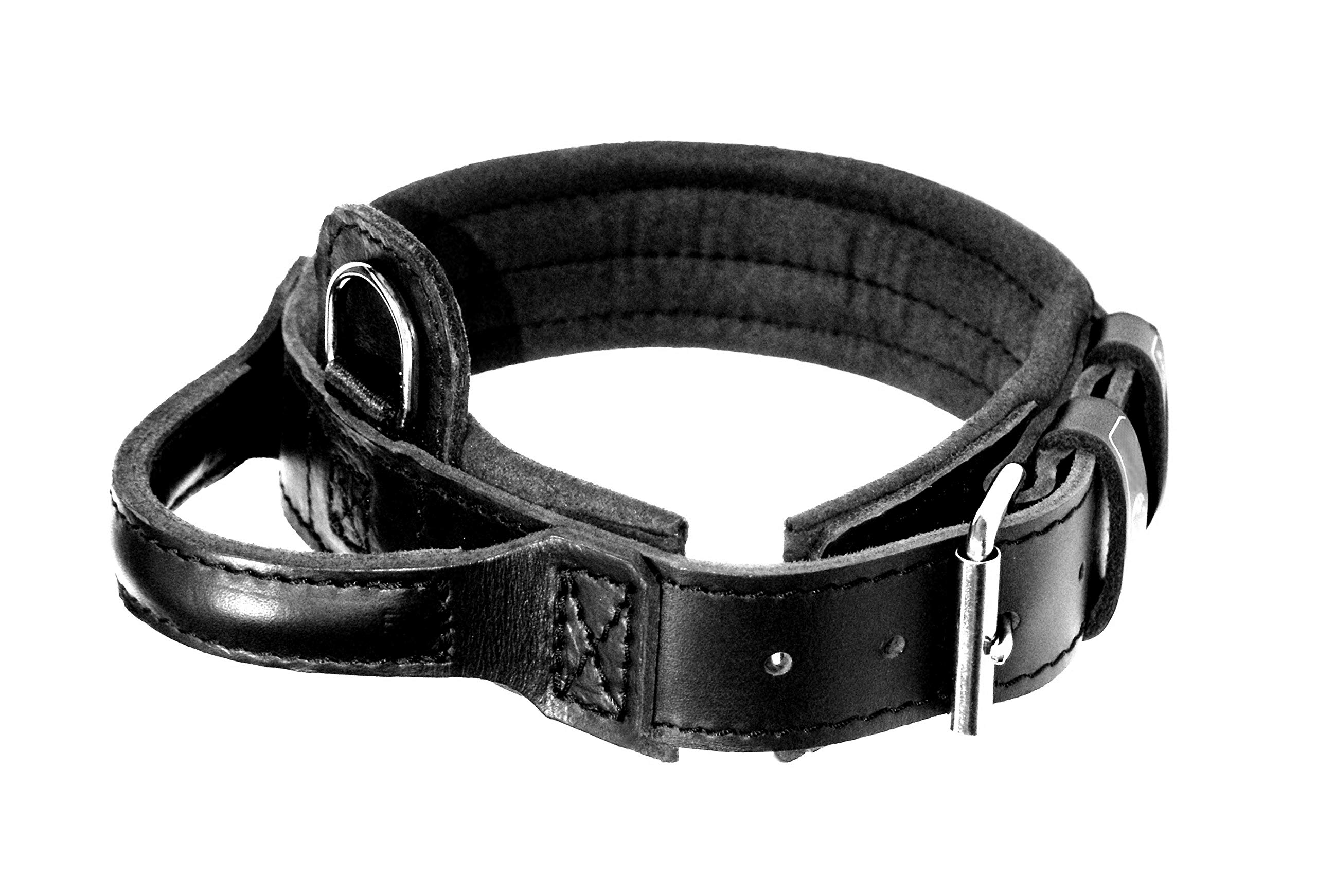 Dingo Gear Collar de Cuero para Perros Drago, Amortiguado con Asa Ancha y Resistente, Hecho a Mano, Circunferencia del Cuello 40-48 cm, para Entrenamiento y Paseos, Negro (S04020)