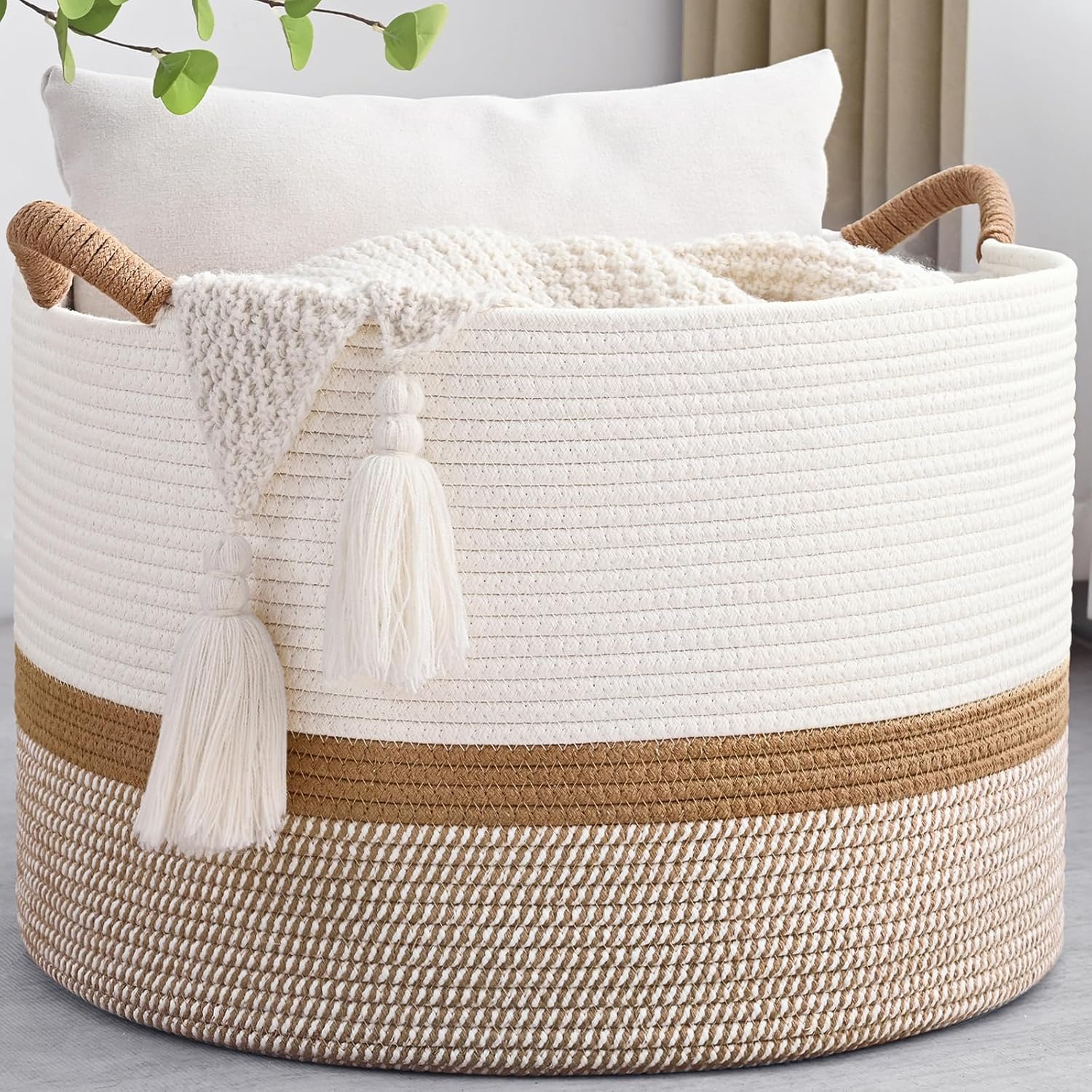 Large Blanket Basket, 20"x13" Woven Storage Baskets With Handle, Cotton Rope Blanket Basket Living Room, Baby Laundry hamper for Blanket, Nursery, Toy, Pillow (White & Brown)