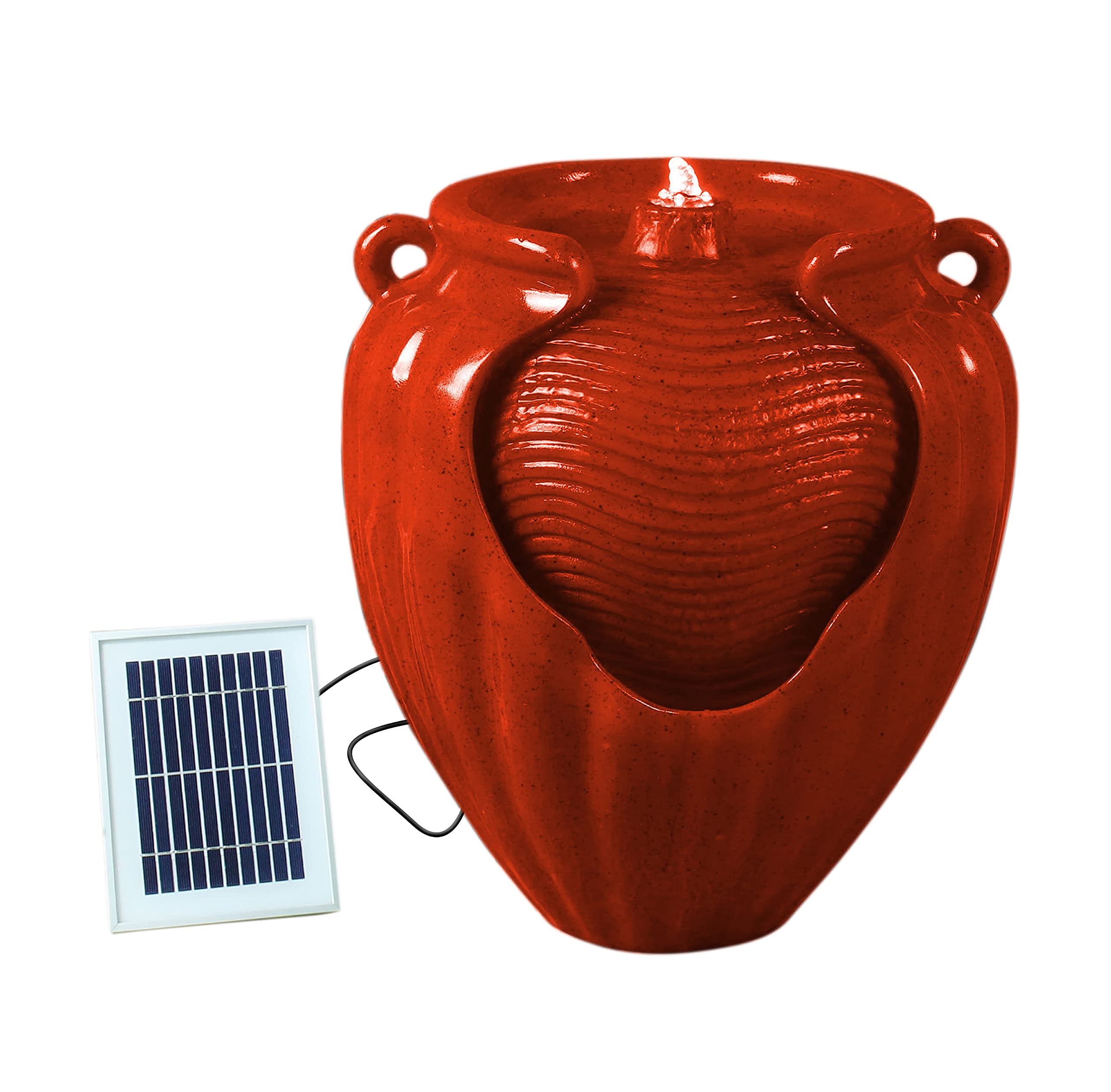 Gardenwize Red Solar Powe Vase Water Feature With Led Light & Battery Backup, Garden Fountain For Patios, Balconies, And Decking