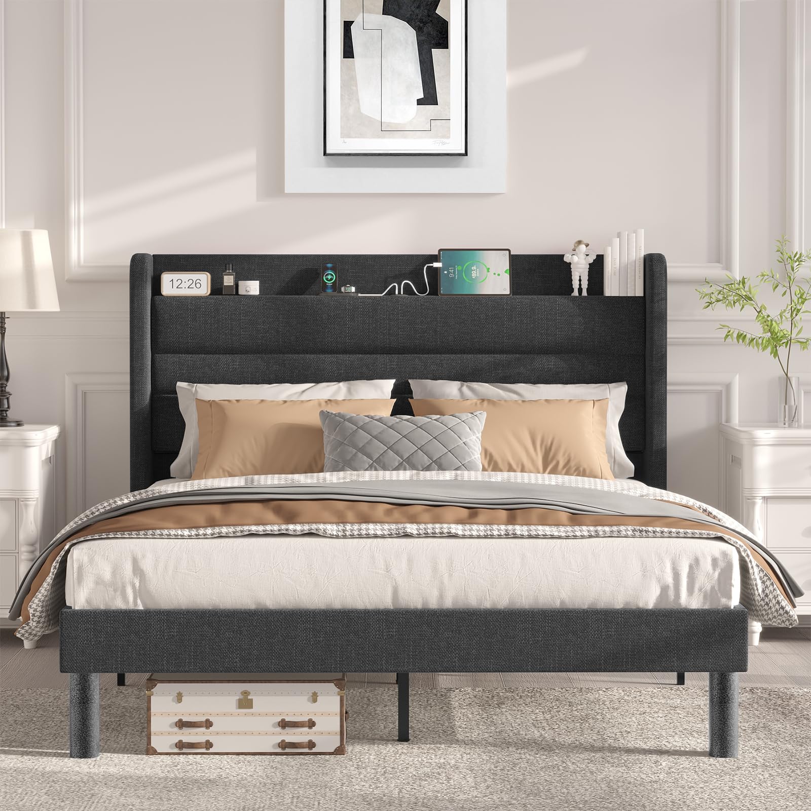 Flolinda Full Size Bed Frame with Type-C & USB Ports Upholstered Platform Bed Frame with Wingback Shelf Dark Gray