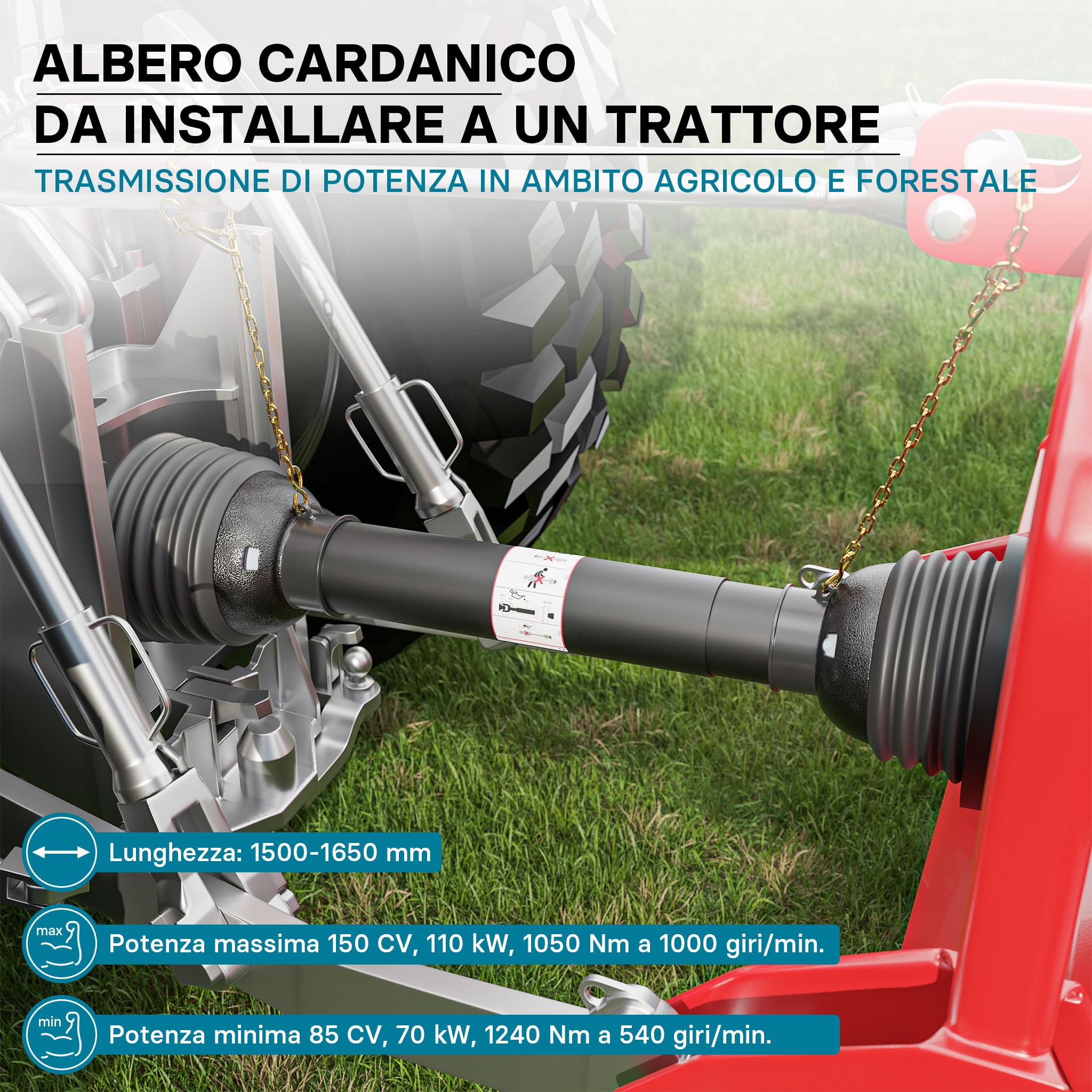 Wiltec Albero cardanico T8 Giunto cardanico 1500-1650mm 1240Nm 540rpm Cardano 110kW 150CV 2X 1 3/8" 6 Denti