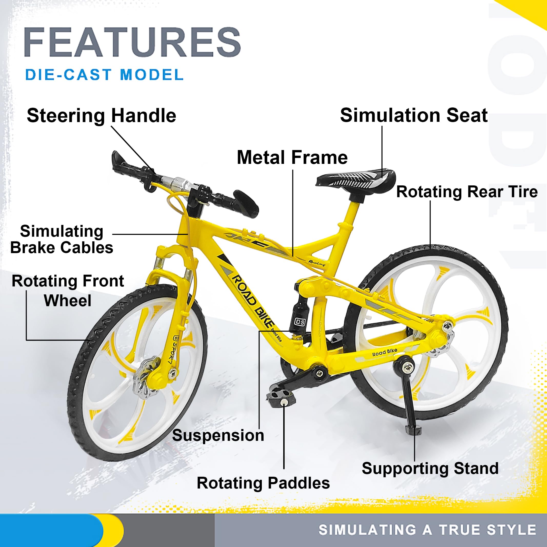 VGRASSP 1:8 Scale Die Cast Street Bicycle Toy for Kids - The Alloy Metal Off-Road Decorative Showpiece Realistic Design Bike Features Moveable and Rotating Handle, Suspension, Wheels, Pedals (Yellow) 2