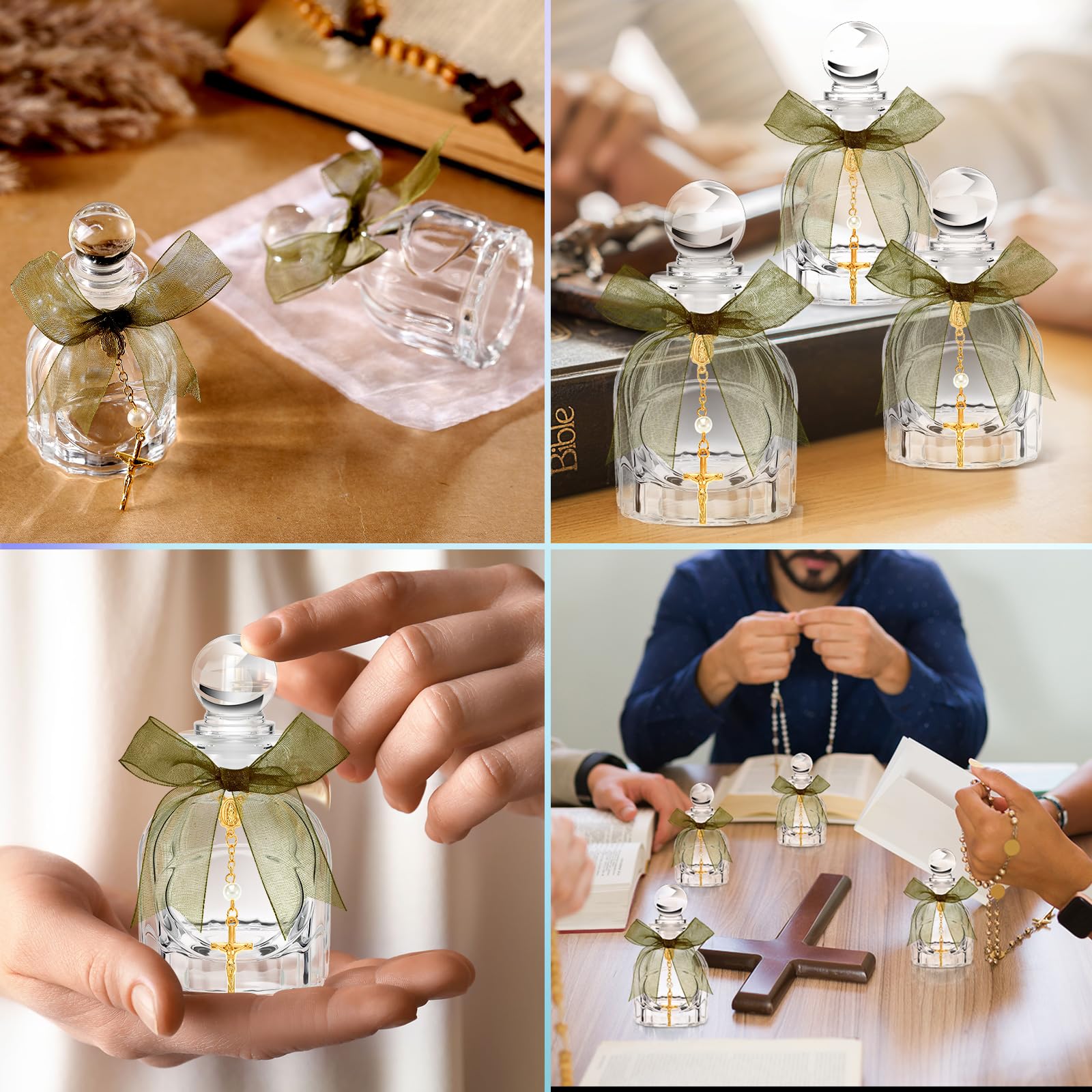 Chuangdi Heilige katholische Wasserflaschen, große Taufgeschenke für Gäste, katholische, christliche Glasflaschen, Goldkreuz-Armband, Organza-Beutel, Band für Kirche, Hochzeit, Taufe, Geschenk