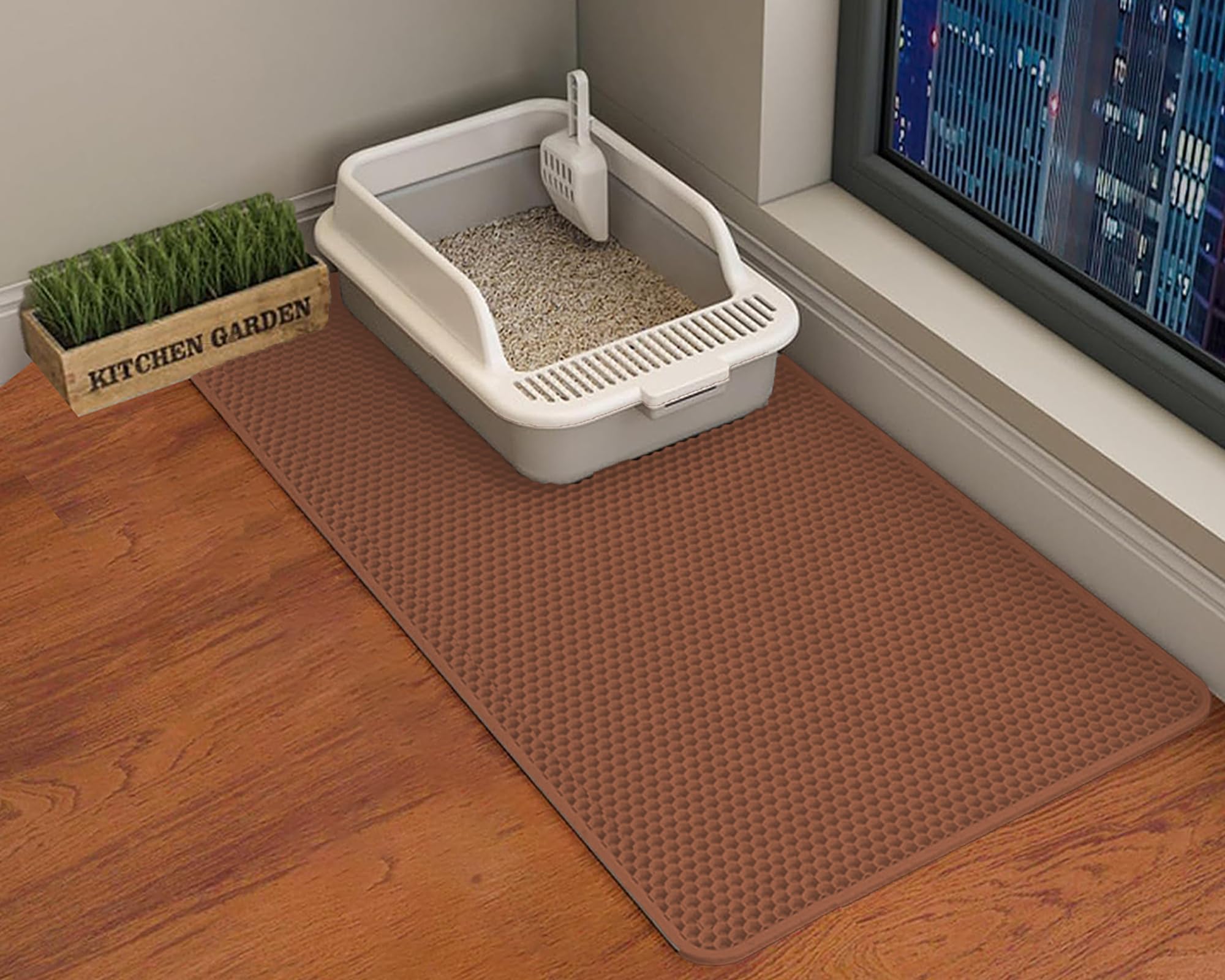HCY&WLD Cat Litter Mat, Honeycomb Double Layer Cat Litter Trapping Mat, Waterproof Urine Proof Non-Slip, Scatter Control, Less Waste, Easier to Clean (Brown, 45" X 26")