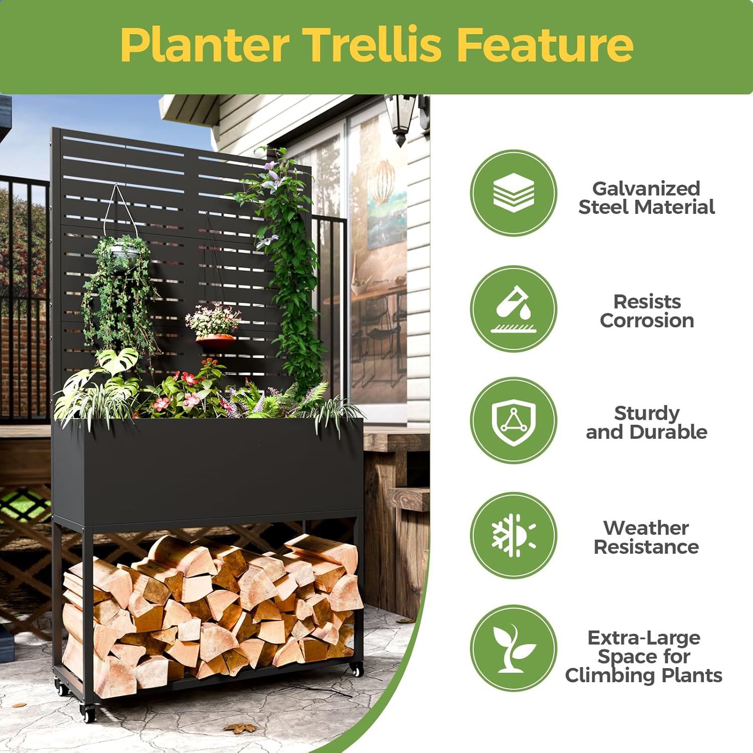 Metal Planter Box with Trellis, 67"x35"x16"Metal Raised Garden Bed with Drainage Holes, Raised Garden Beds Outdoor, Privacy Planters Trellis for Climbing Plants, Patio,Garden, Wheels, Black