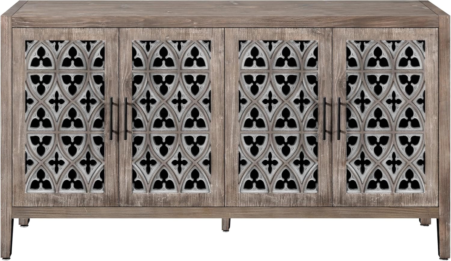 60 Inch Mid-Century Modern Wood Carved Cabinet, Accent Media Credenza Console with Adjustable Shelves for Living Room, Entryway & Kitchen Storage (Antique Brown)