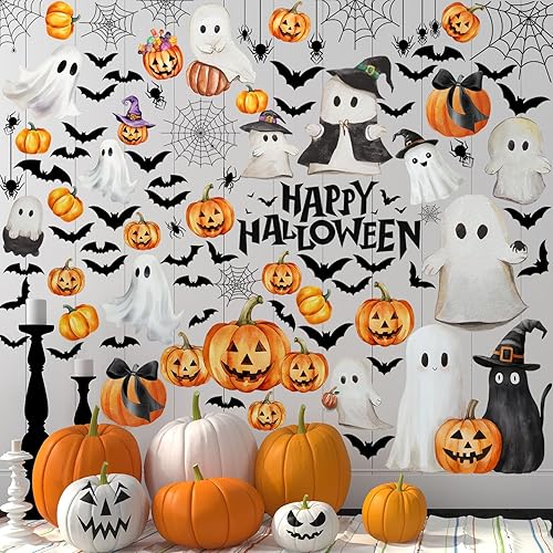 Haull 6 hojas de calcomanías de pared de acuarela para Halloween, casa embrujada, calcomanías de pared de bruja, murciélagos, calabaza, cuervo,