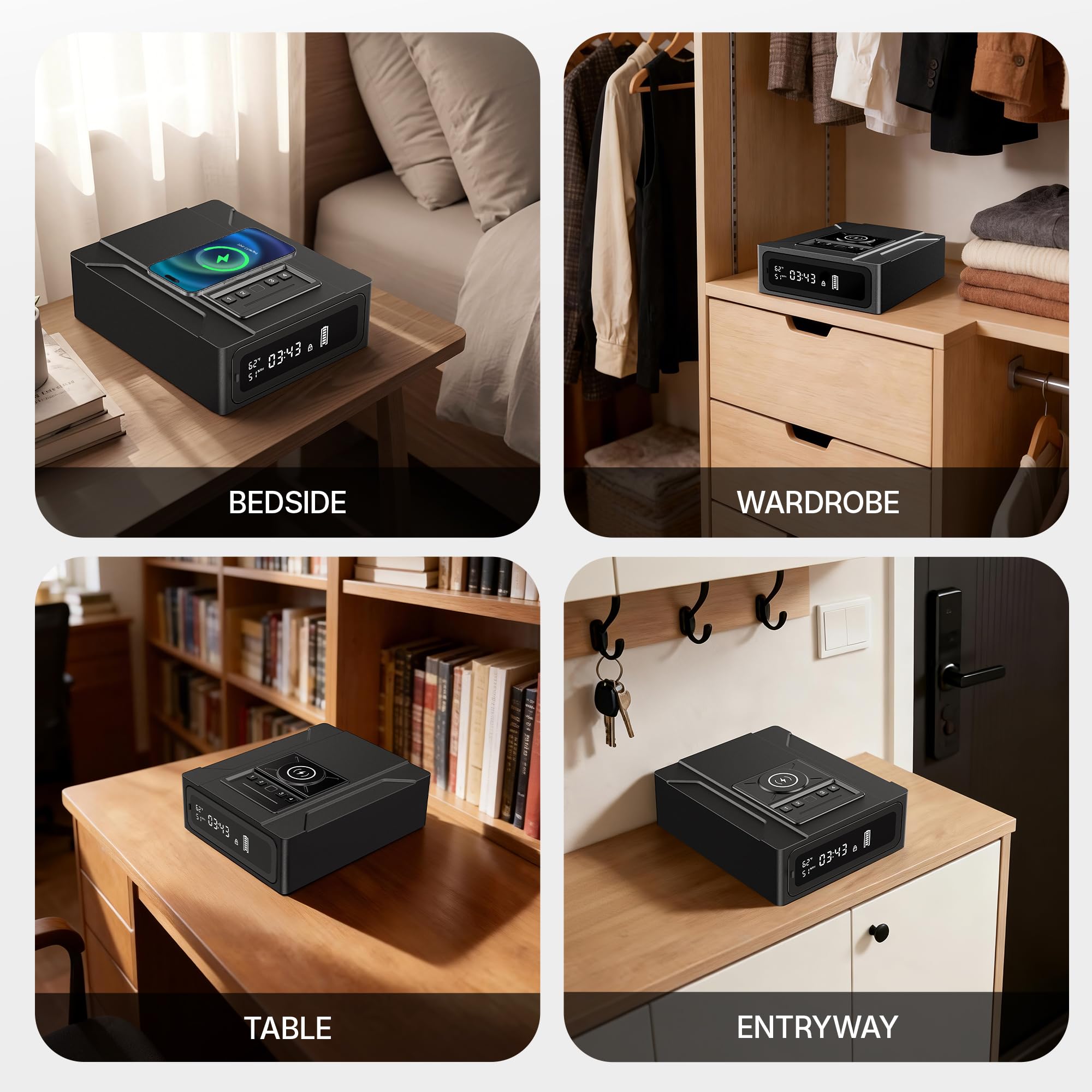 ORARAER Biometric Smart Gun Safe, 3 Quick Access Handgun Safe with Alarm Clock, Heavy Duty Anti-Theft Money Box for Home Security，Bedside Drawer Safe for Table,Closet — view 6