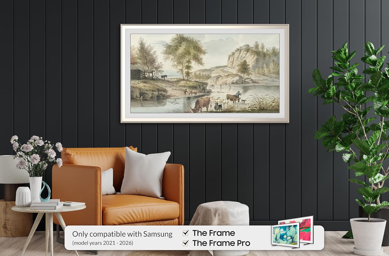 German Silver Scoop 55" Alloy Deco TV Frame - Compatible ONLY with Samsung The Frame TVs (Fits 2021-2026, LS03A, LS03B, LS03C, LS03D, LS03FA)