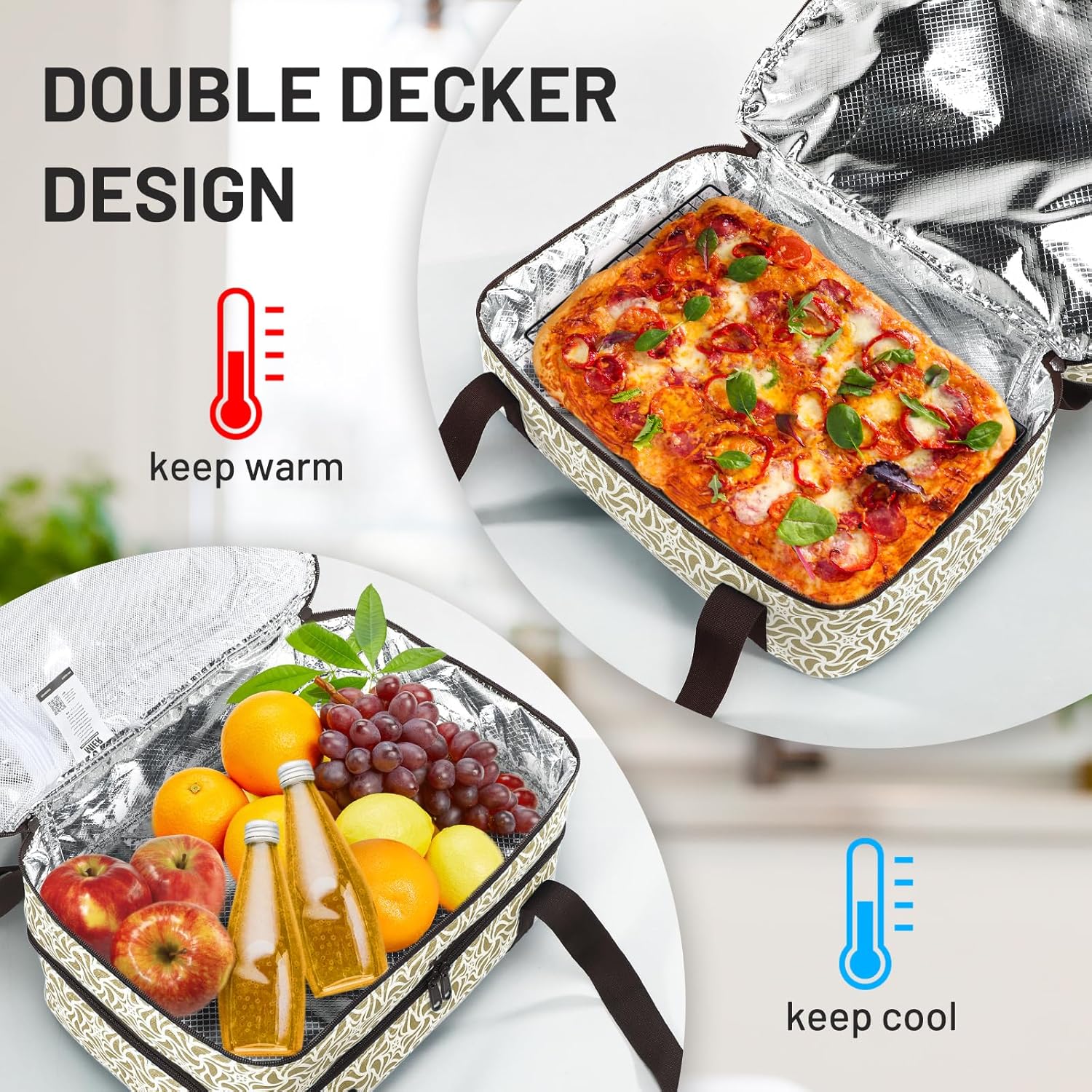 MIER Insulated Casserole Carrier Fits 9"x13" Baking Dishes/Foil Pans, Double Food Carriers Bag Thermal Holder for Hot or Cold Food Lasagna Lugger Potluck Parties Picnic Travel, Khaki