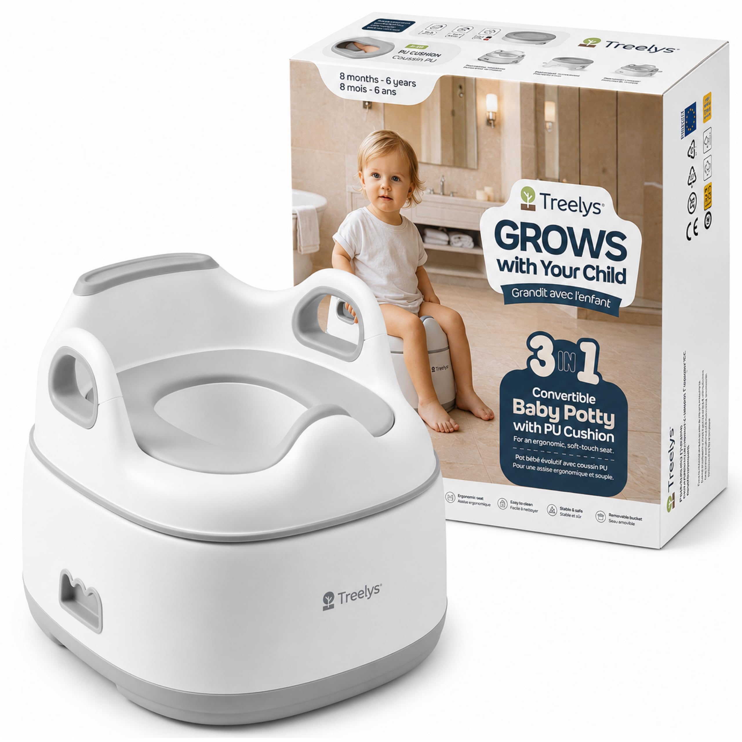 Maceta para bebé con cojín EVA Confort | Tarro de aprendizaje + reductor de WC + andador | Diseño Premium escandinavo, blanco crema y verde oliva | 6 meses - 6 años