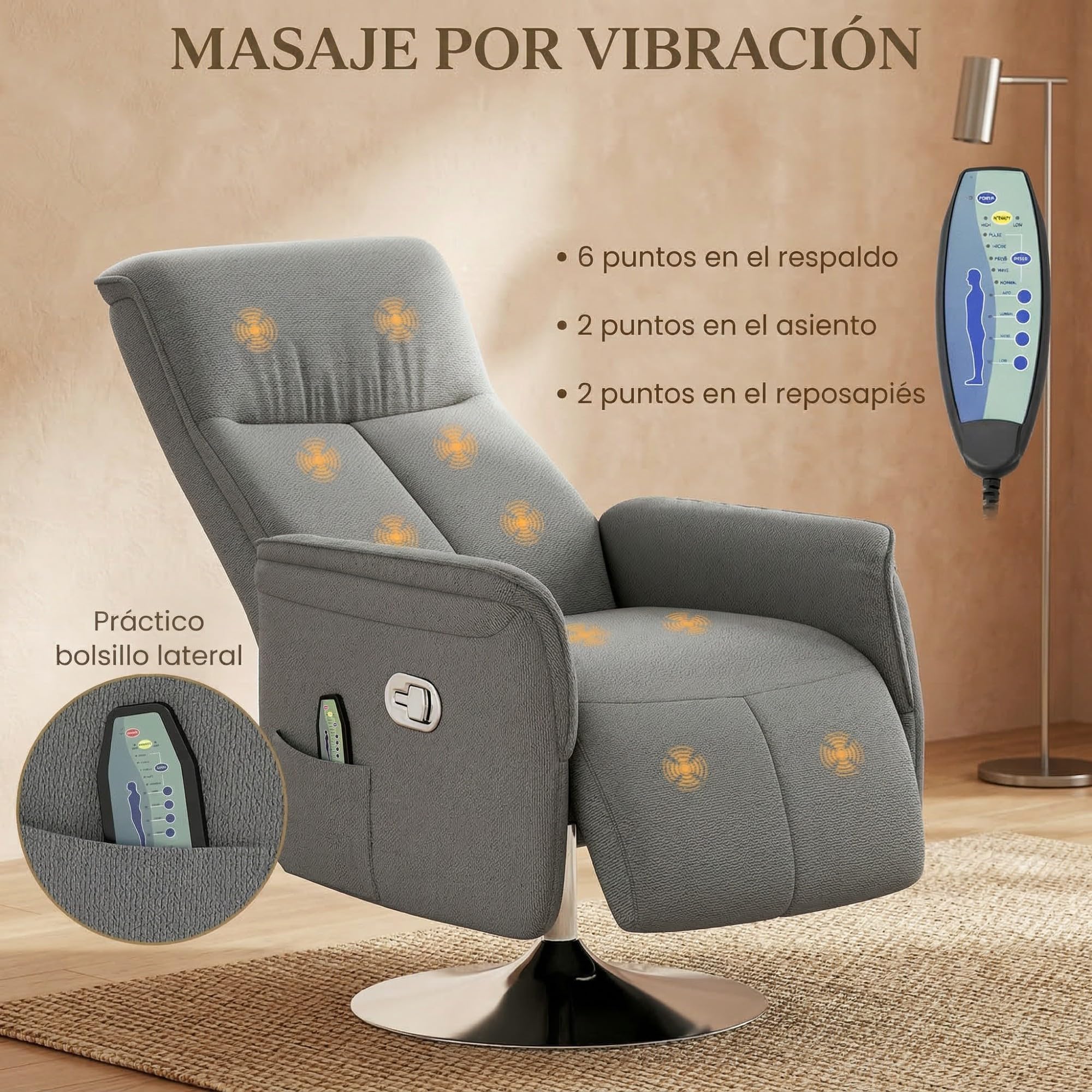 HOMCOM Sillón Relax Reclinable con Reposapiés Sillón de Masaje con 10 Puntos de Masaje Giratorio 360° Mando a Distancia Butaca Reclinable para Salón Oficina Gris