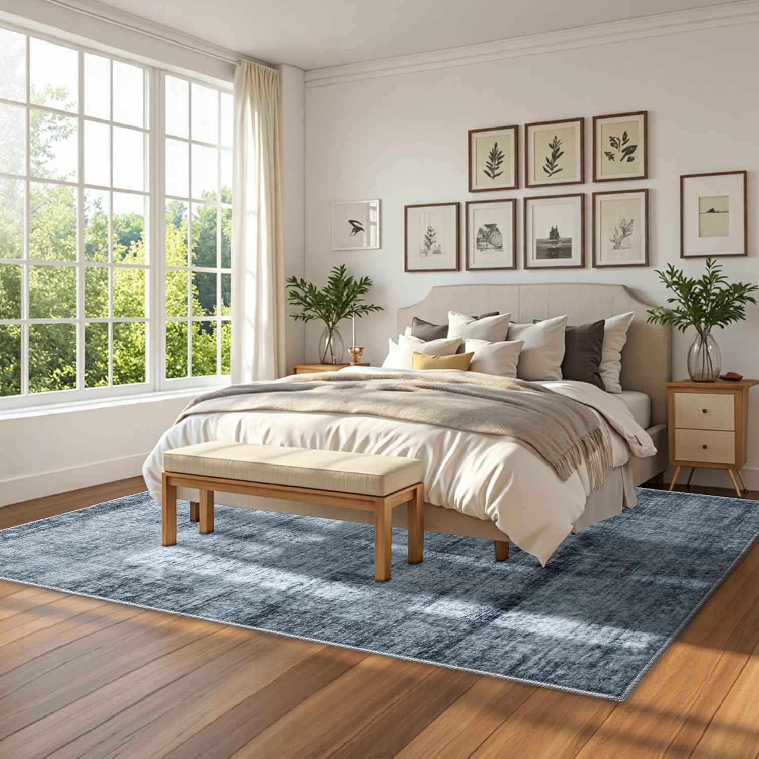 Washable Rugs 8x10 Area Rugs for Living Room, Modern Abstract Rugs for Bedroom,Large Carpets, Ultra Soft Faux Wool Retro Dining Room Rug, Non Slip&Non-Shedding Low Pile Print Rug- Greyish Blue