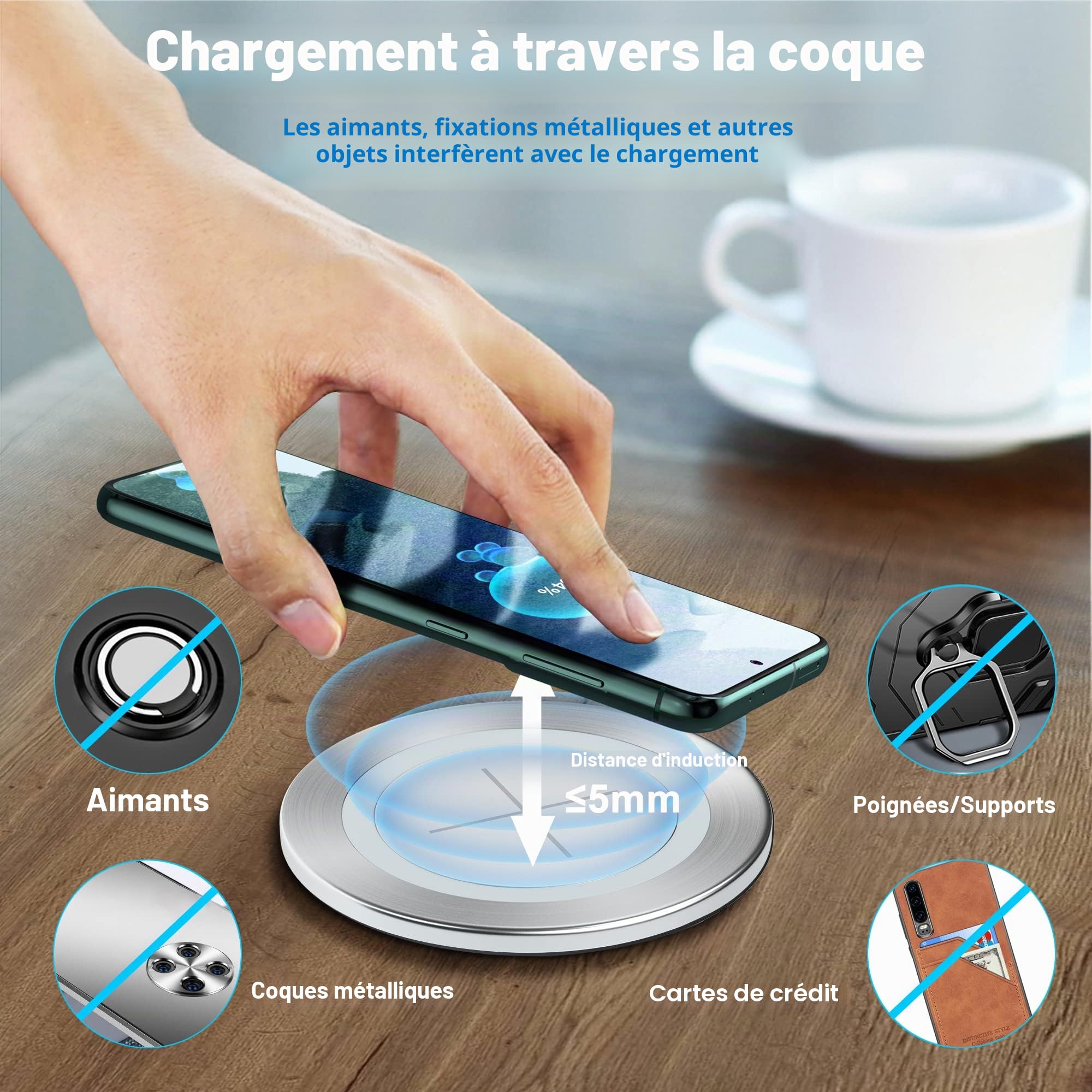 Chargeur Induction Encastrable Les Meubles 60mm 2.36 "Trou d'insertion Chargeur Induction encastrable Compatible with iPhone 14/14 Pro/14 Pro Max/SE /11, série Galaxy Xiaomi Vivo(Argent)