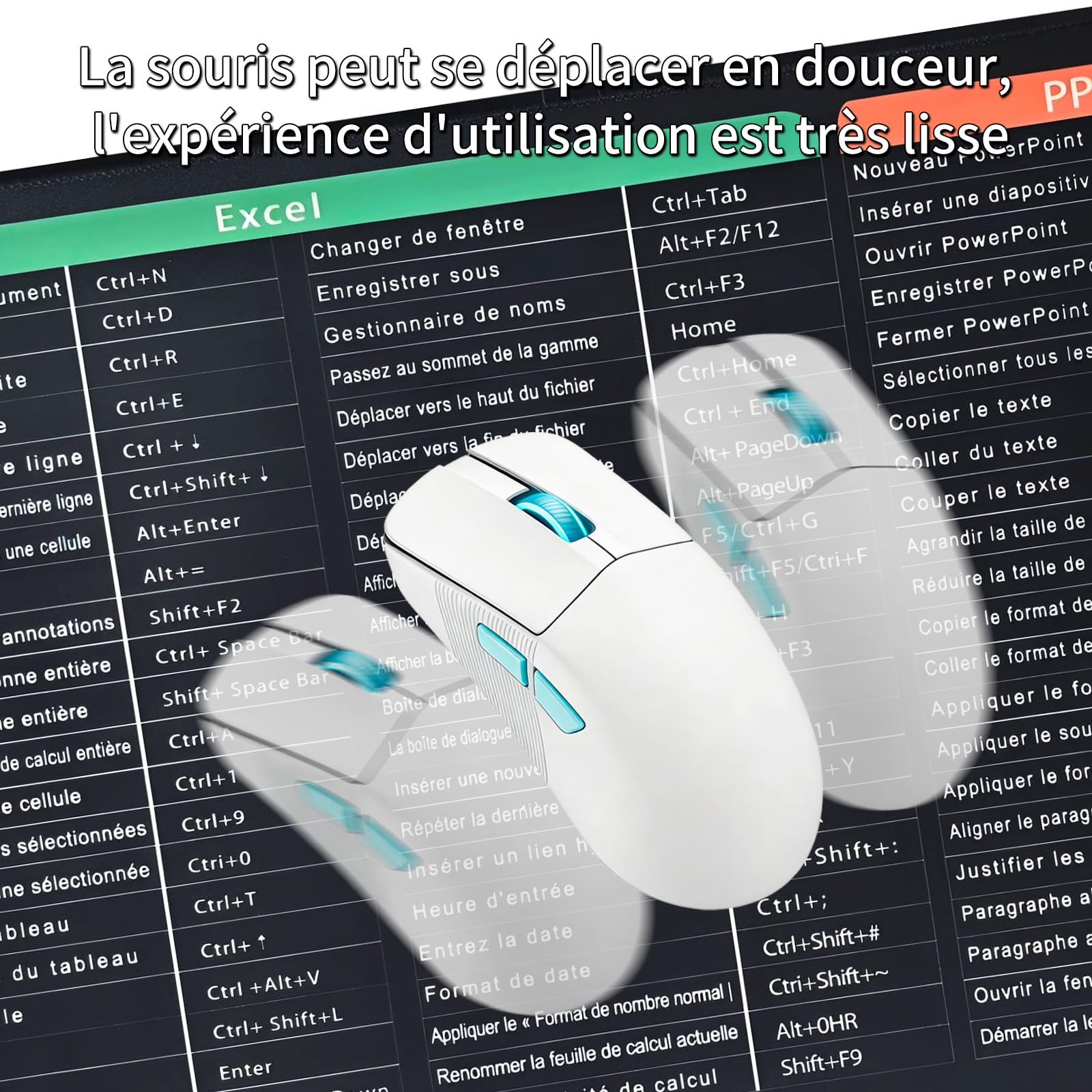 Tapis de Souris Raccourcis Excel 800x300 mm, Tapis de Bureau Étendu Formules et Raccourcis Clavier