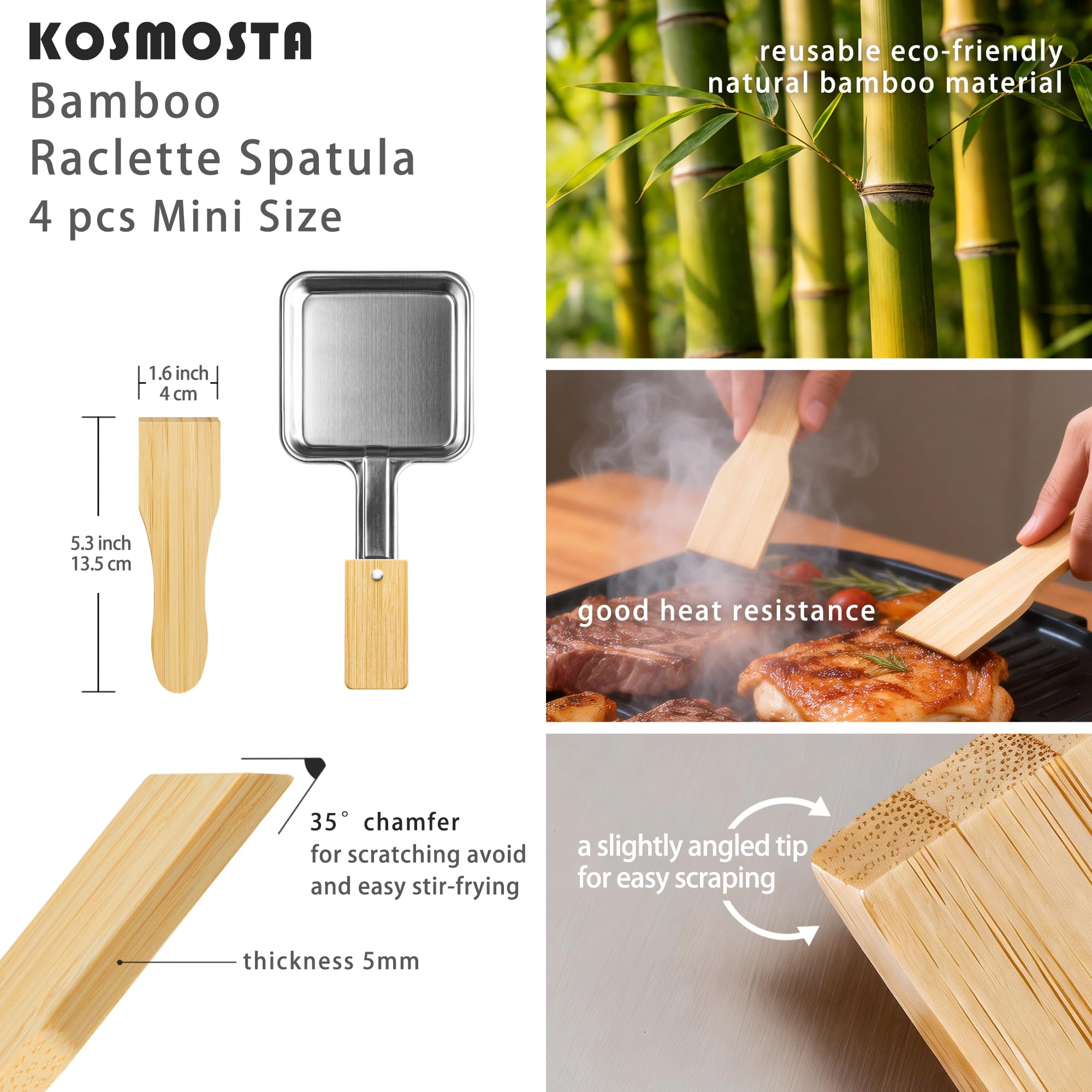 Lot de 4 Poêles à Raclette Carrées en Acier Inoxydable avec Manche Extra Long et Poignée en Bambou, 4 Spatules en Bambou, Sans Revêtement, Grandes Poêles Raclette, Accessoires de Remplacement