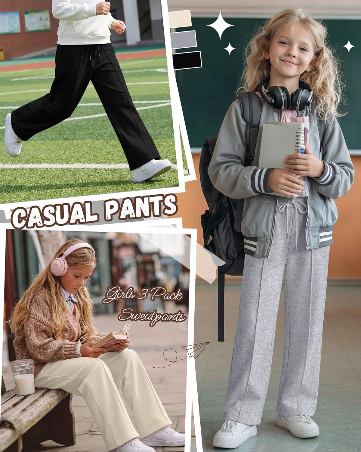 3 Pack Girls Wide Leg Sweatpants Drawstring Baggy Pants Teen Girls Athletic Joggers Pants with Pockets 5-14Y - Image 4