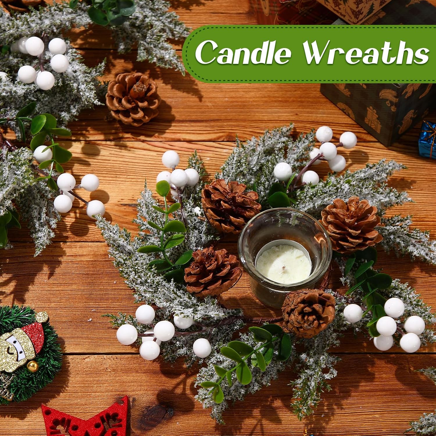 Vercraft 6 Pcs Christmas Candle Rings 8'' Snowy Pine Cones Berries Garland