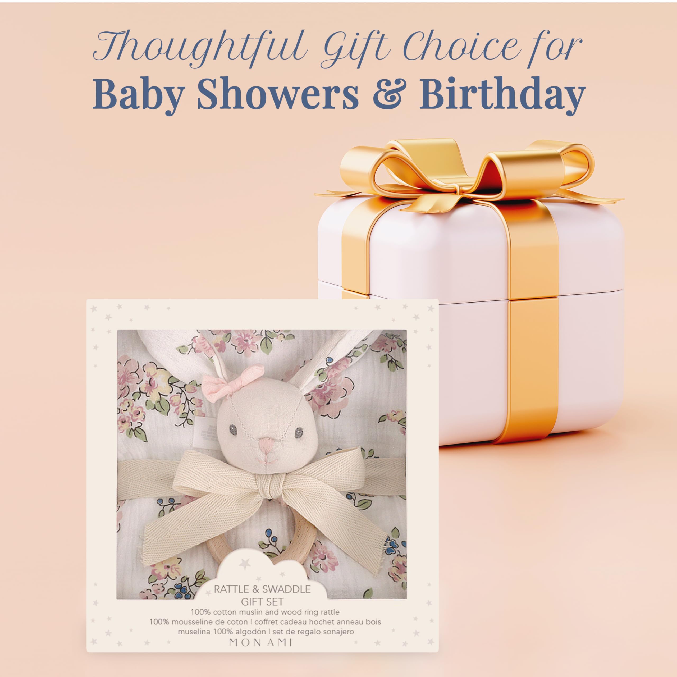 MON AMI Französisches Blumen-Hasen-Geschenkset | 119,9 x 129,9 cm weiche Baumwoll-Musselin-Babydecke und 15,2 cm Plüsch-Rasselspielzeug | perfektes Neugeborenen-Essential für Geburtstage und