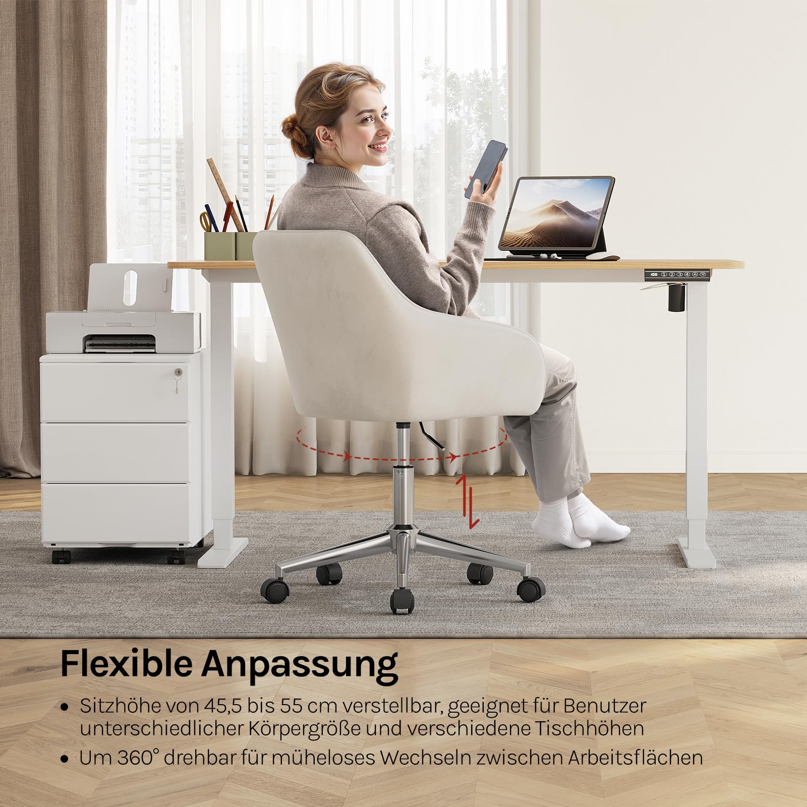 WOLTU Homeoffice Stuhl, Schreibtischstuhl, Drehstuhl, Schminkstuhl, höhenverstellbar, bis 150 kg belastbar, mit Armlehnen Samtsitz, für Schlafzimmer Büro Wohnzimmer, Beige