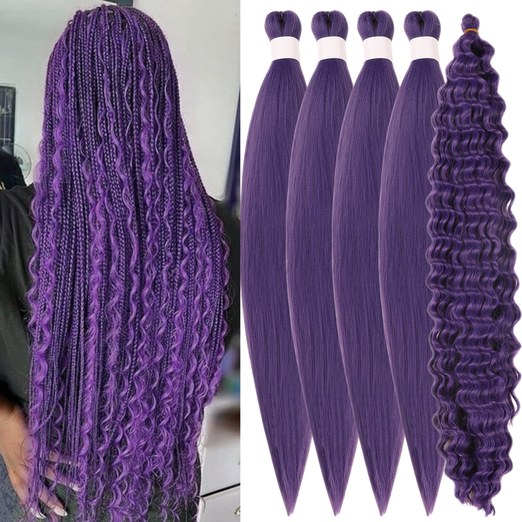 Purple Braiding Hair Pre stretched for Boho Braids Curl Deep Wave Braiding Hair Extensions Synthetic Yaki Knotless Ez Braid